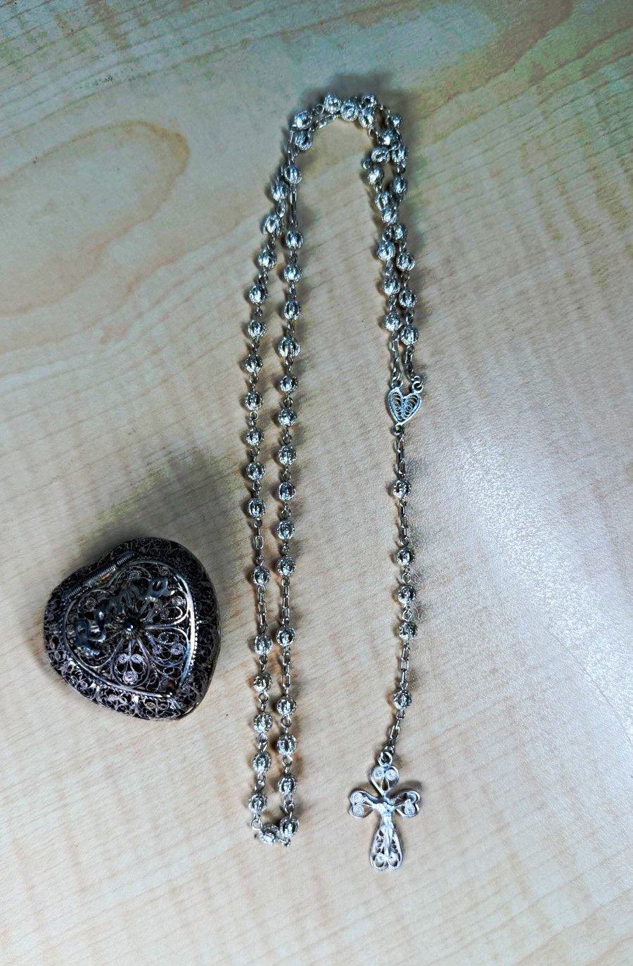 Vintage Silver Filigree Rosary & Matching Heart Trinket Keepsake Box Set