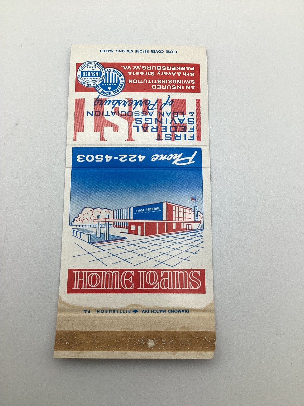 Vintage First Federal Parkersburg WV Matchbook Home Loan Ad Mid-Century