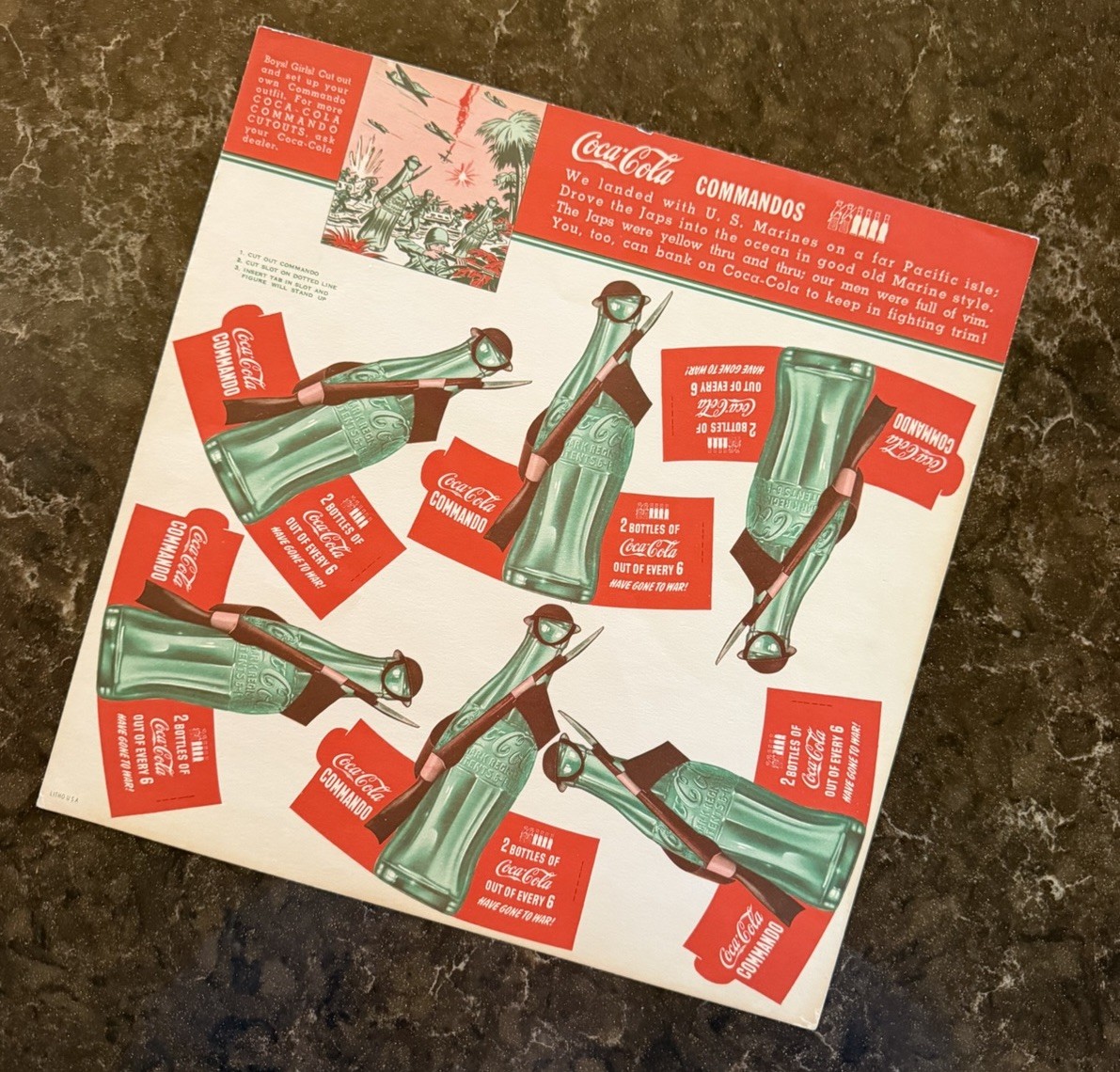 Vintage 1940\'s COCA-COLA Commandos WW2 Paper Activity Sheet Sign UNCUT COMPLETE Vintage 1940\'s COCA-COLA Commandos WW2 Paper Activity Sheet Sign UNCUT COMPLETE