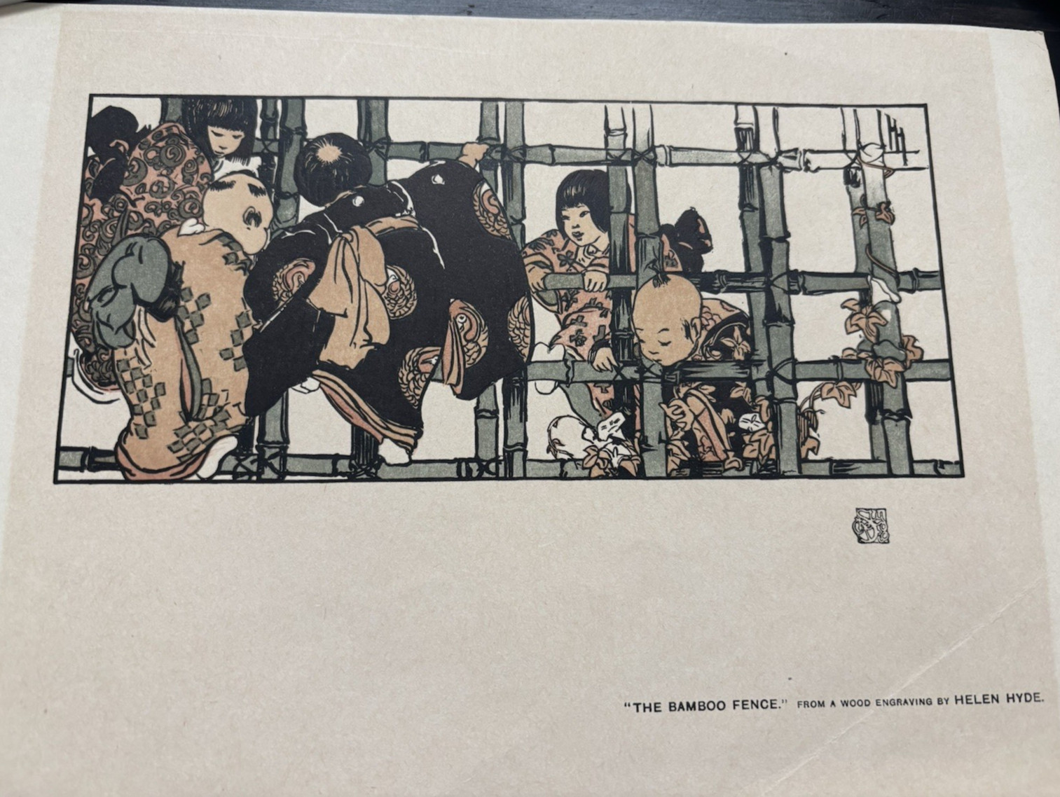 Antique Helen Hyde Woodcut Print The Bamboo Fence Studio Magazine Plate c. 1911