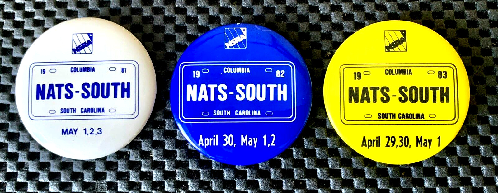 LOT OF 3 NSRA NATS-SOUTH 1981 1982 1983 COLUMBIA S.C. PINBACK BUTTON 2 1/4