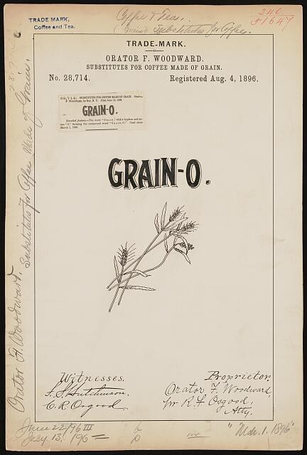 Photo:Orator F Woodward Grain-O Coffee Substitute Trade Mark 1890s Patent