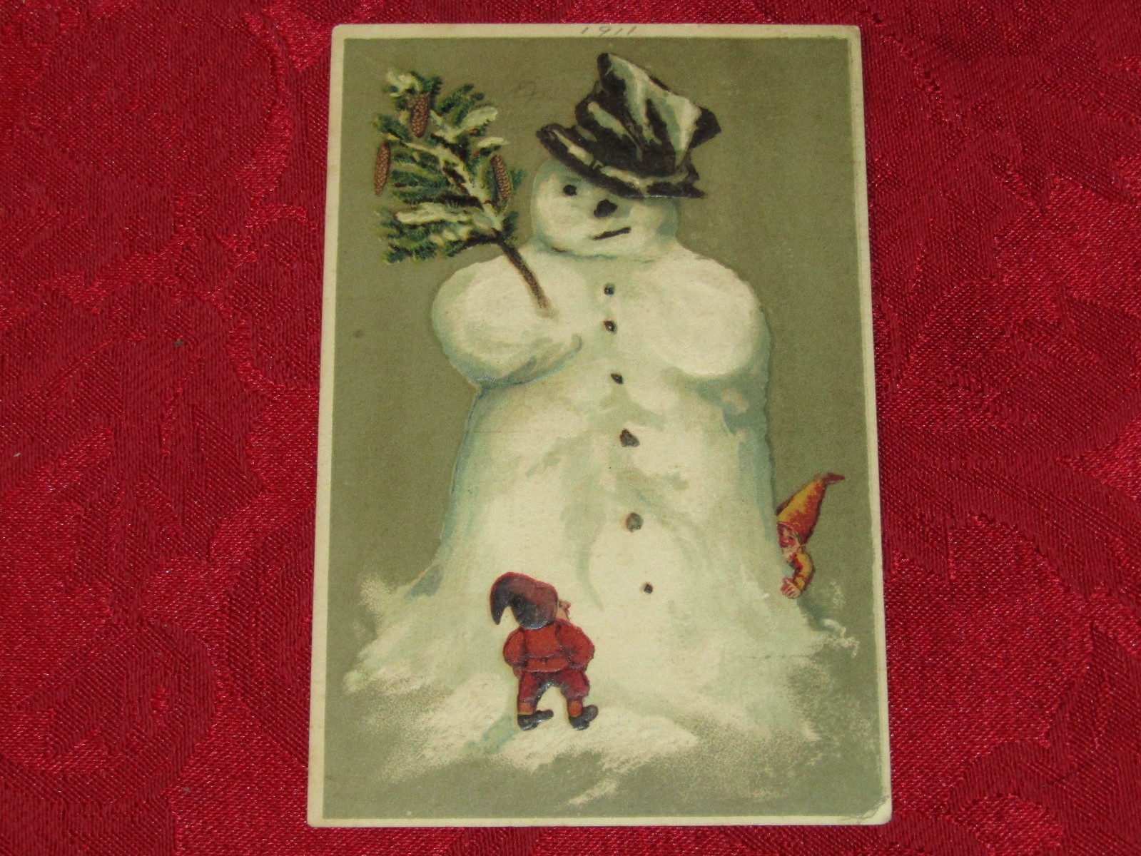 Antique Christmas PC *Large Snowman with Gnomes* Germany 1911 Postcard