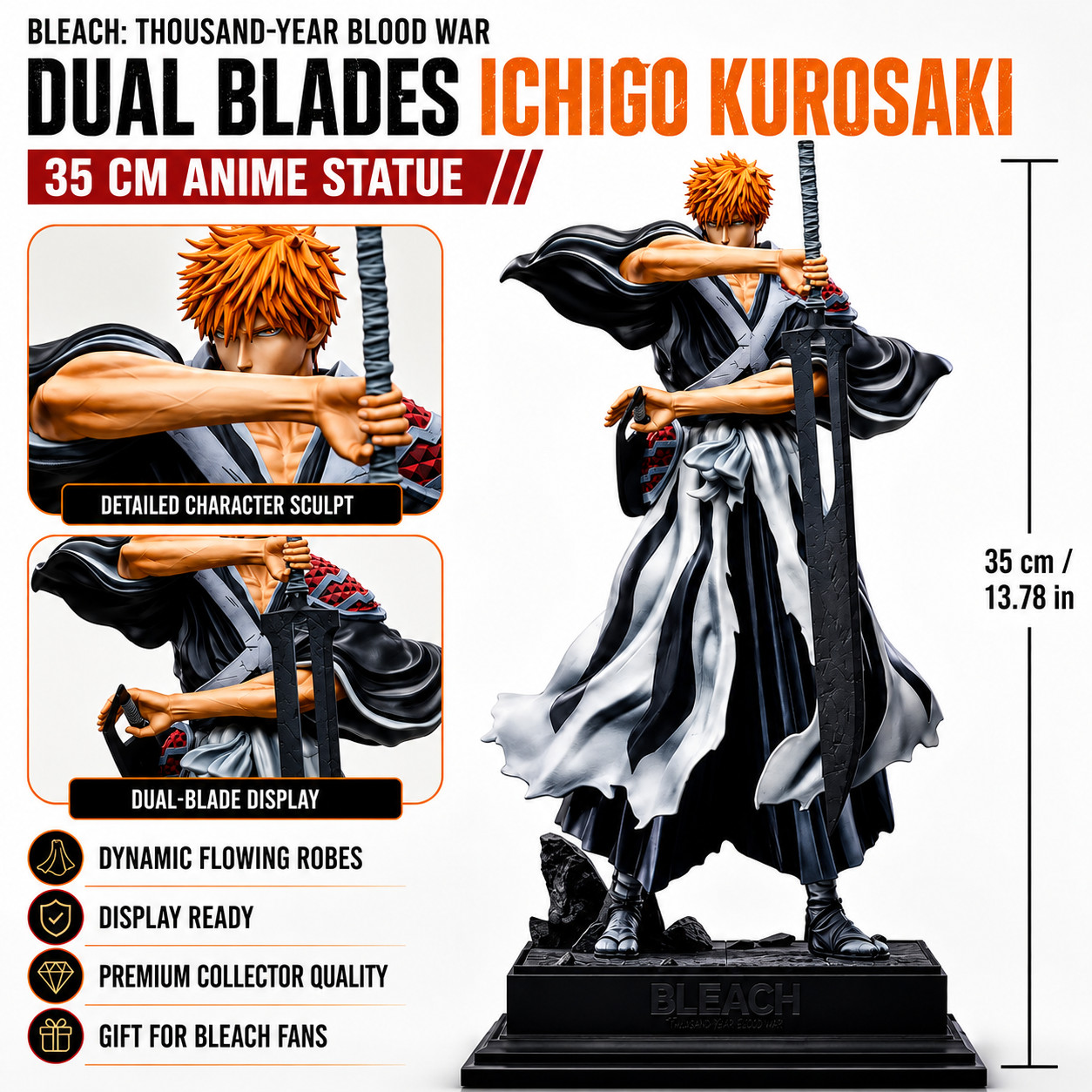35CM Bleach Ichigo Kurosaki Dual Blades Figure TYBW Anime Statue Collectible Toy 35CM Bleach Ichigo Kurosaki Dual Blades Figure TYBW Anime Statue Collectible Toy