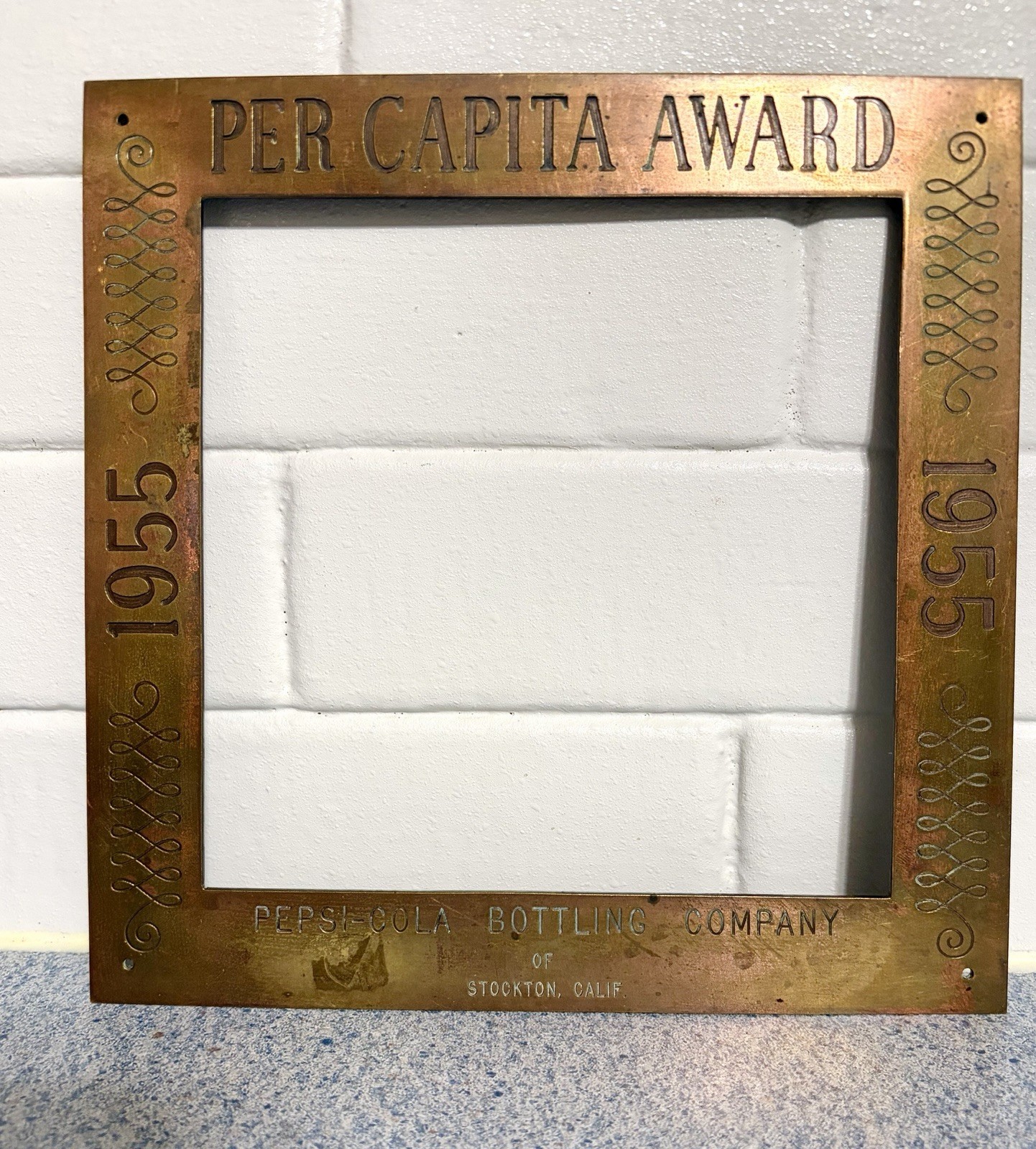 VINTAGE 1955 PEPSI COLA BOTTLING, ONE OF A KIND AWARD/BRASS FRAME /STOCKTON,CA