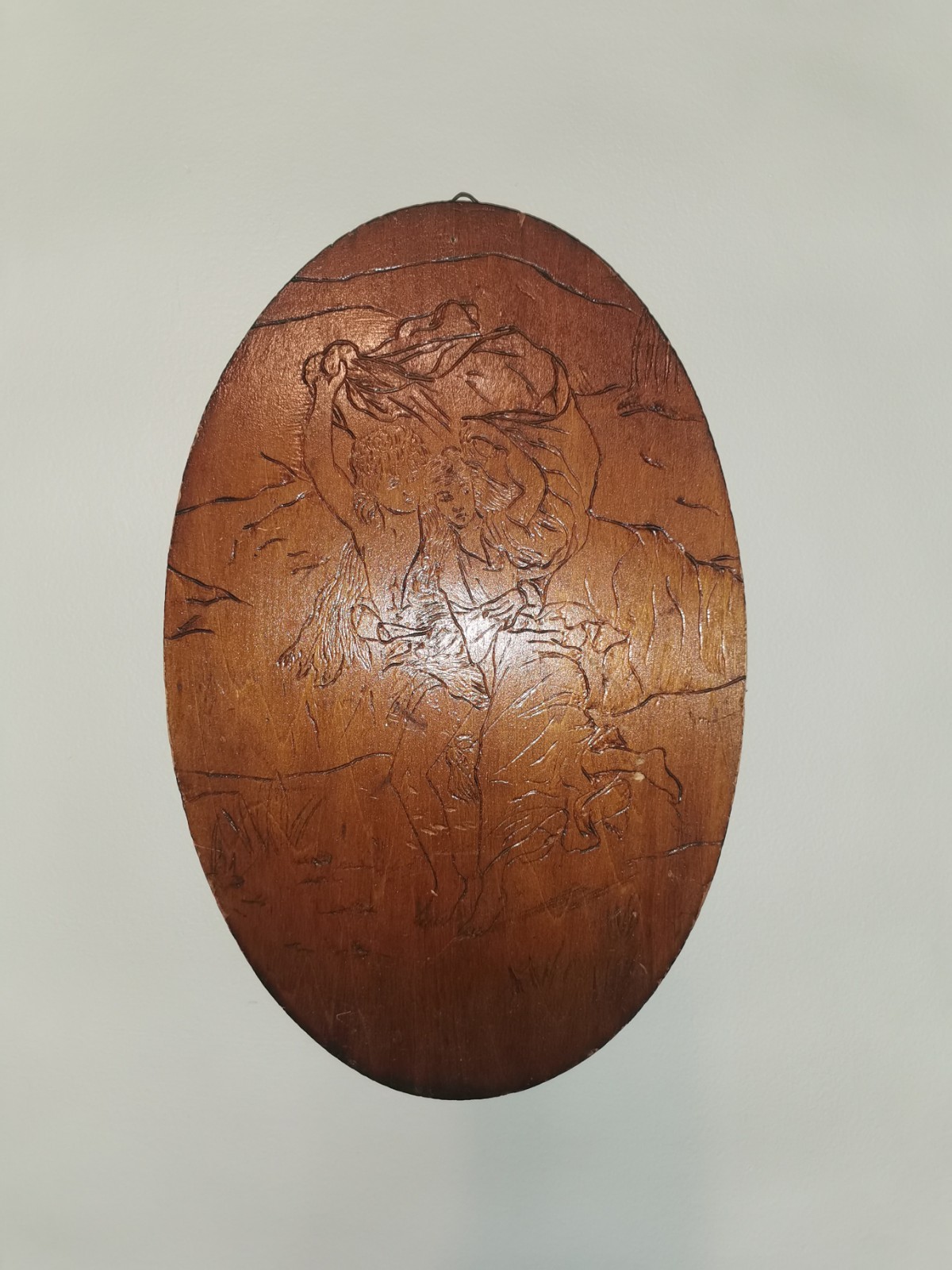 Antique 1900s Flemish Art Wooden Pyrography Oval Wall Plaque 15