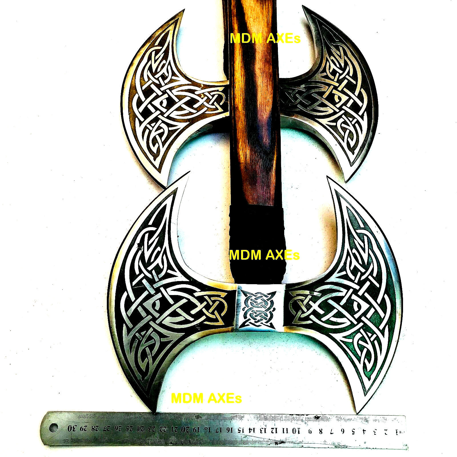 28'' SET OF 2 x Handmade Fantasy Viking Double Head Etched Axe Ash Wood Handle