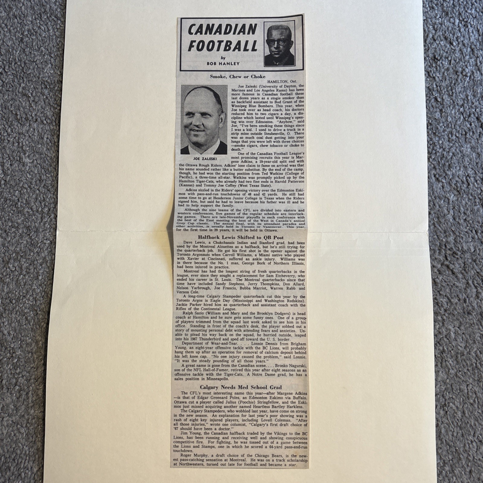 Joe Zaleski Winnipeg Blue Bombers CFL 1967 Sporting News Football 4X15 Panel Joe Zaleski Winnipeg Blue Bombers CFL 1967 Sporting News Football 4X15 Panel