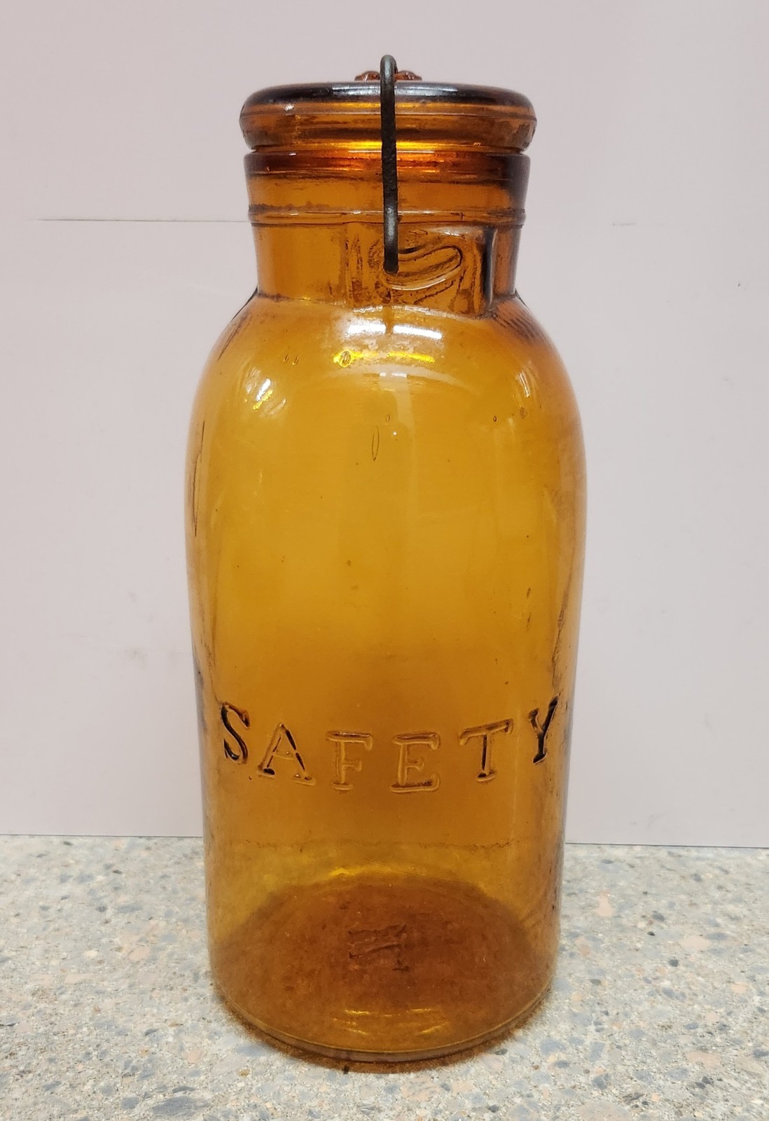 RARE Antique Dark Amber SAFETY 1/2 Gallon Jar With Original Lid & Locking Wire