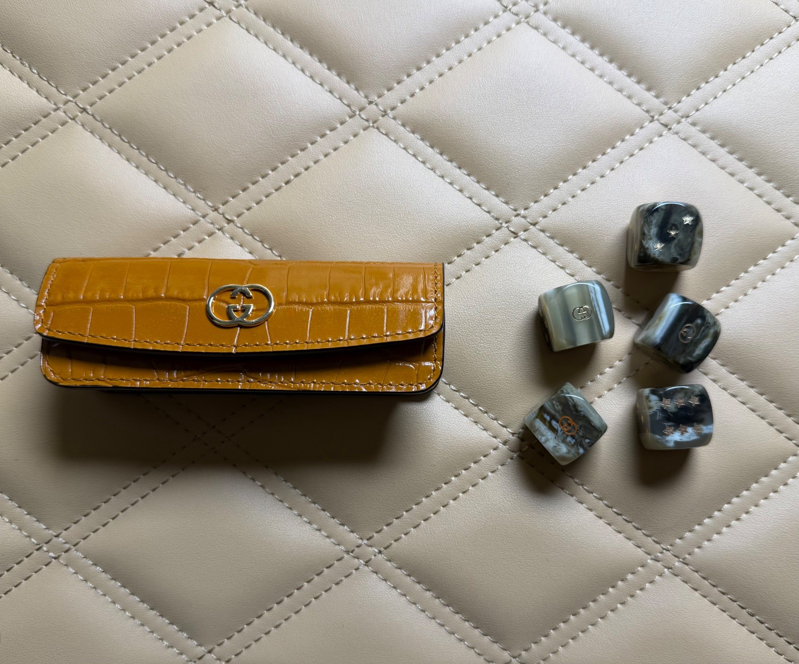 GUCCI Crocodile dice set with Interlocking G Exotic Cognac Leather Collectible