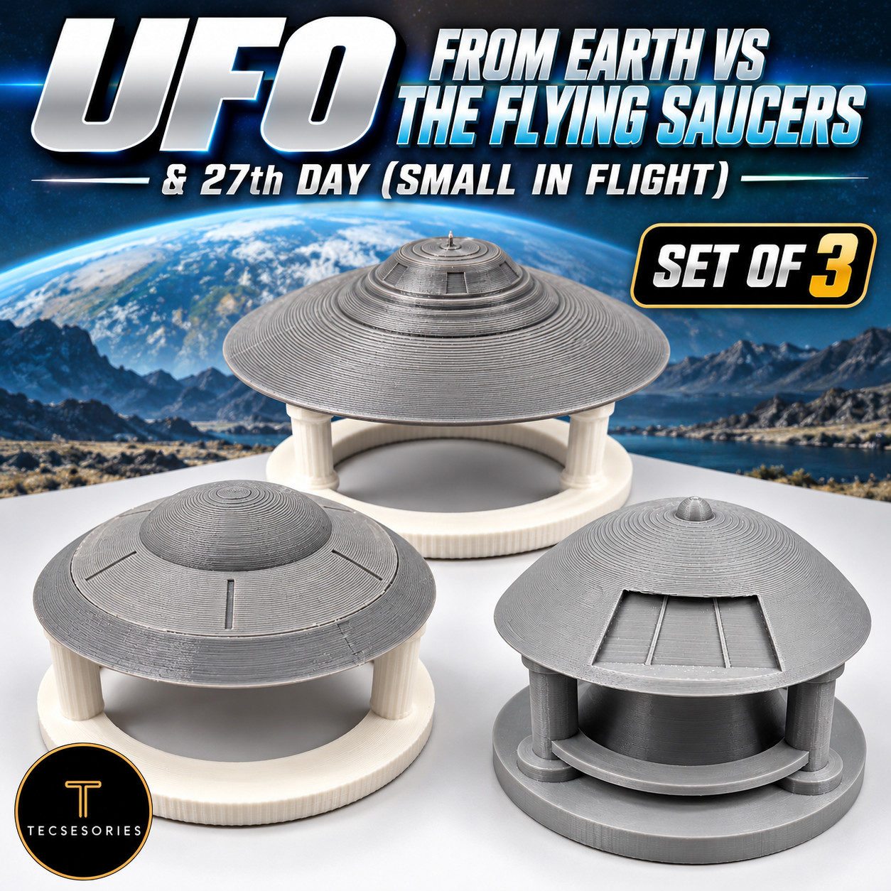 UFO Flying Saucer Set of 3 with Stands Lazar Sport Jupiter 2 Earth vs Saucers UFO Flying Saucer Set of 3 with Stands Lazar Sport Jupiter 2 Earth vs Saucers