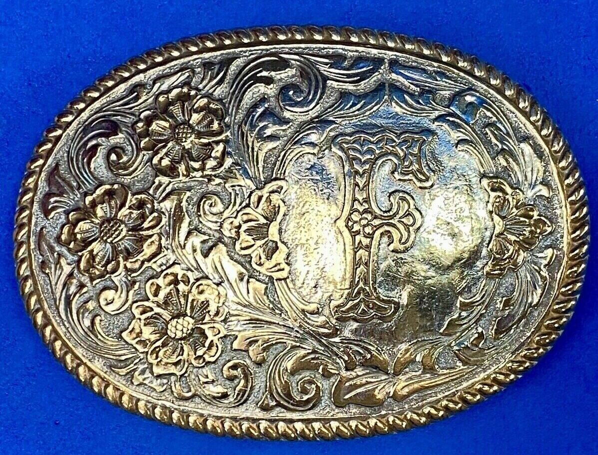 LETTER ~F~ CRUMRINE Heavy Silver Plate Jewelers Bronze Belt Buckle(