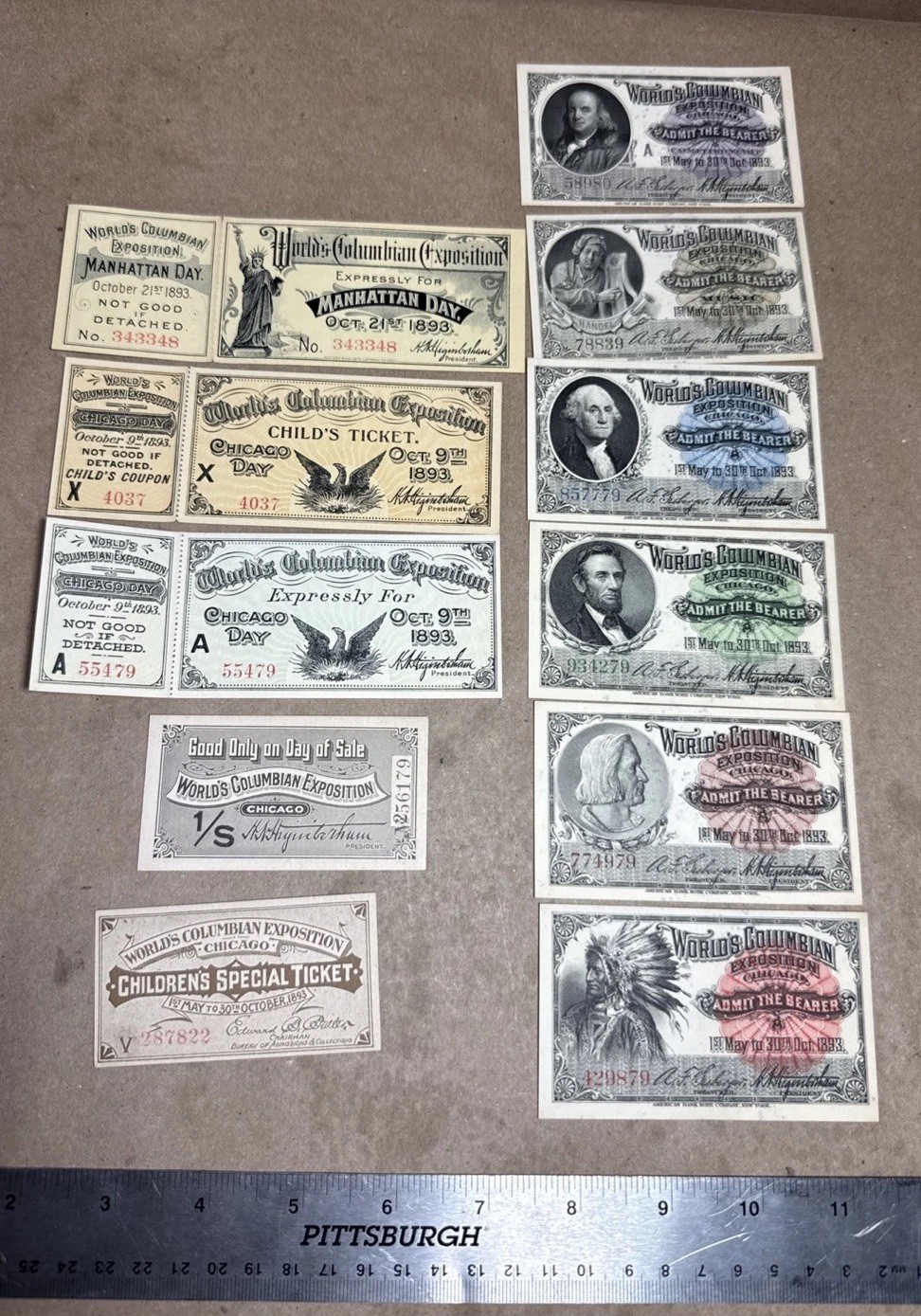 1893 Worlds Columbian Exposition Entrance Tickets Set Of 11 Rare