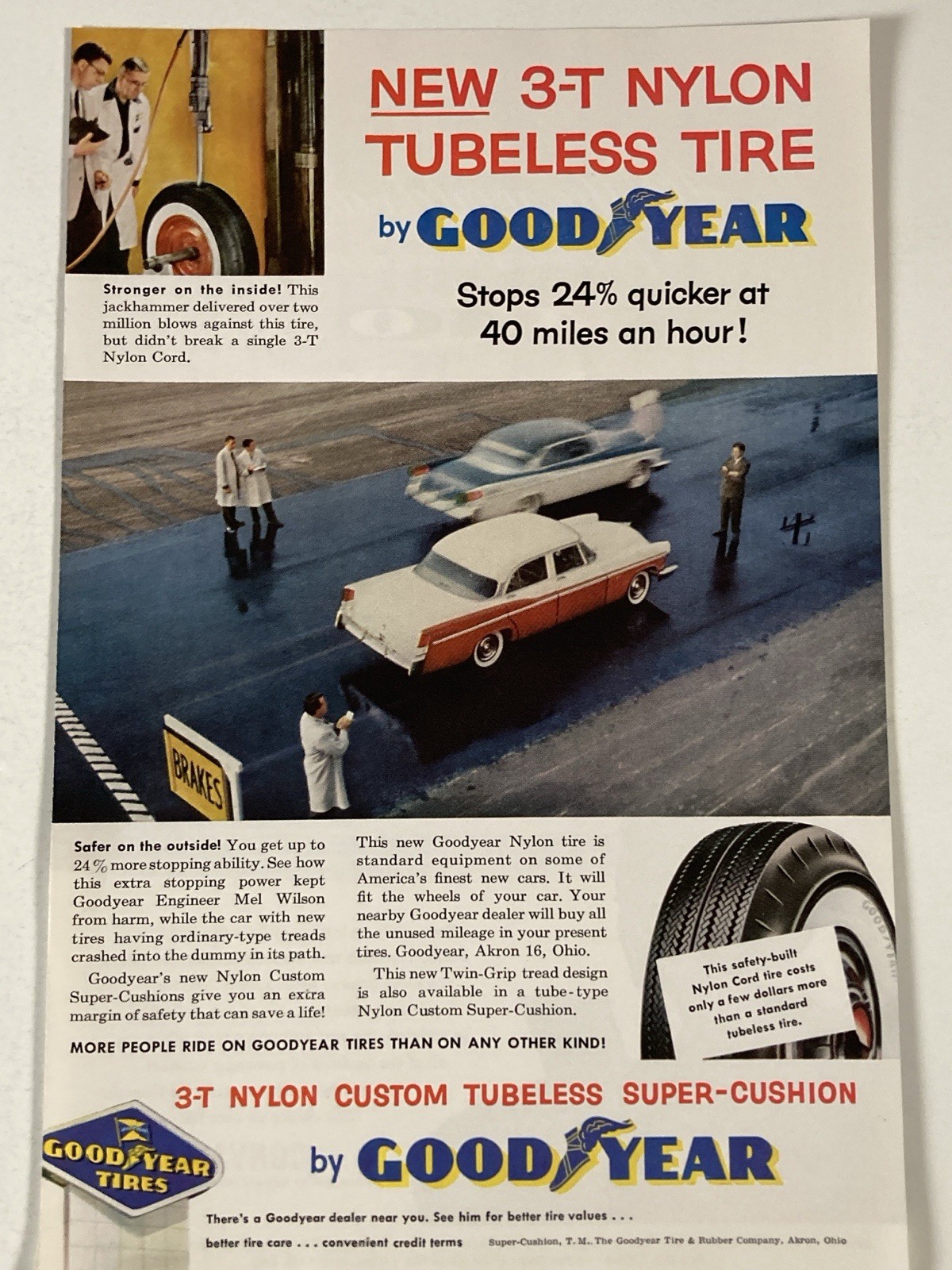 1956 Goodyear Tire Print Ad 3-T Nylon Custom Tubeless Twin Grip 1956 Goodyear Tire Print Ad 3-T Nylon Custom Tubeless Twin Grip