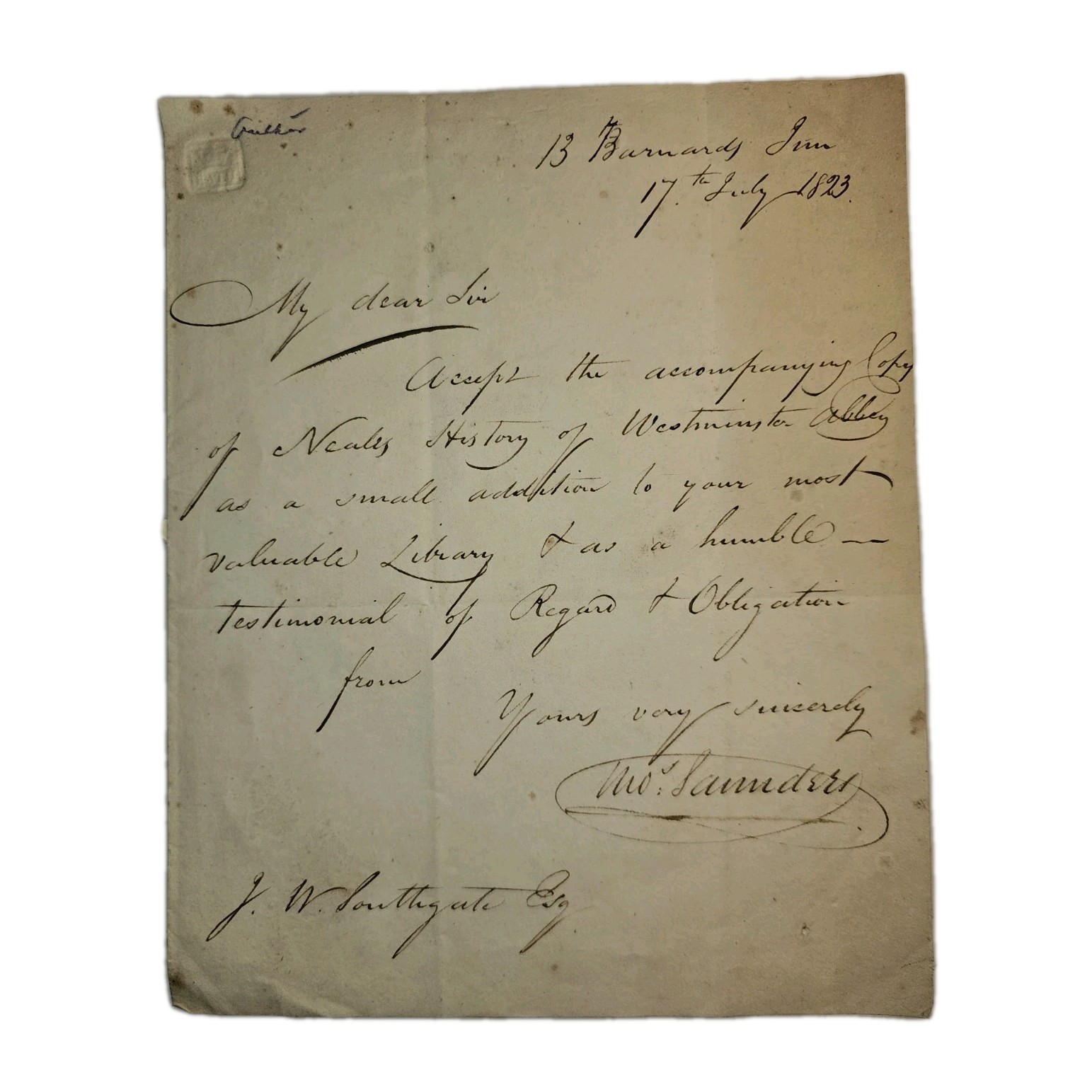 1823 Barnard’s Inn Letter to Book Auctioneer J.W. Southgate – Mos. Saunders