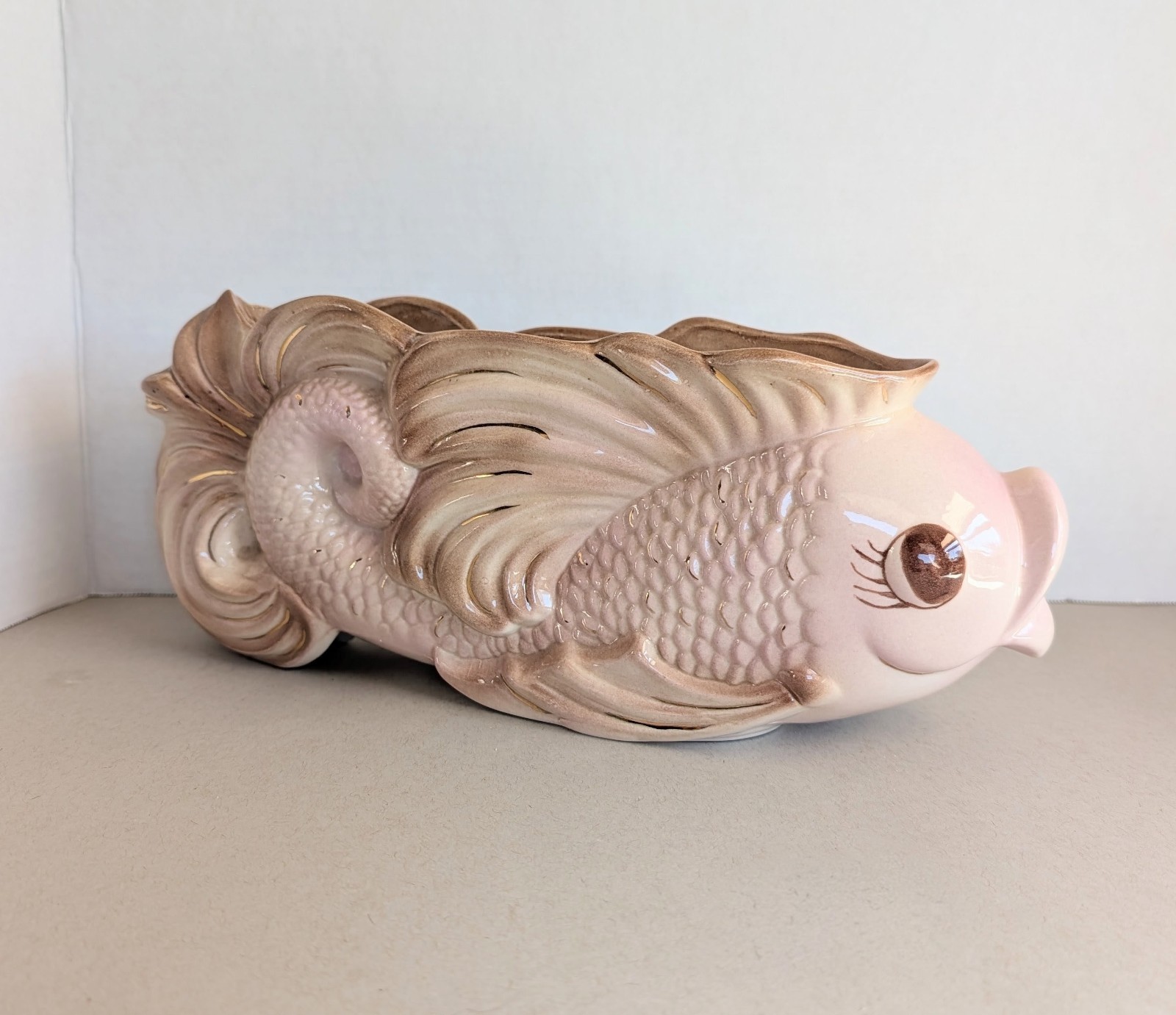 Vintage Pink Betta Fish Planter Vase Mid-century Hand Painted Gold Accents Vintage Pink Betta Fish Planter Vase Mid-century Hand Painted Gold Accents