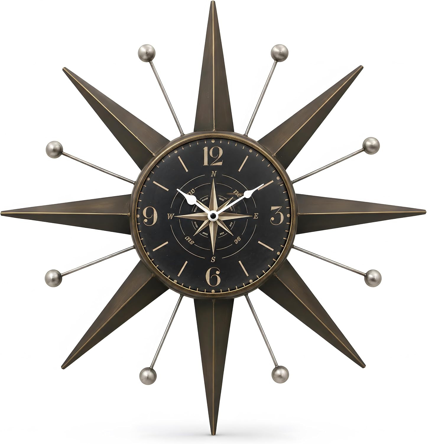 23.4-Inch Starburst Wall Clock, Mid Century Antique Bronze 23.4-Inch Starburst Wall Clock, Mid Century Antique Bronze