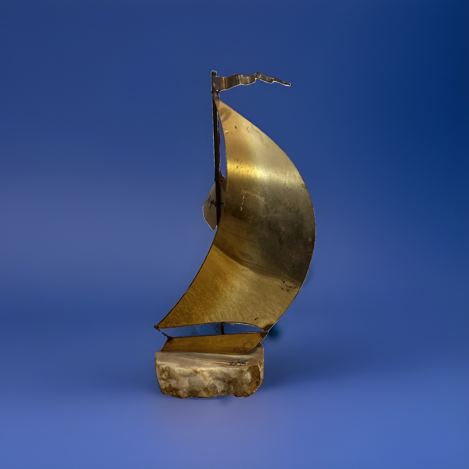 VTG John Demott Signed Mid Century Brass Sailboat Sculpture Onyx Quartz Base 8 VTG John Demott Signed Mid Century Brass Sailboat Sculpture Onyx Quartz Base 8