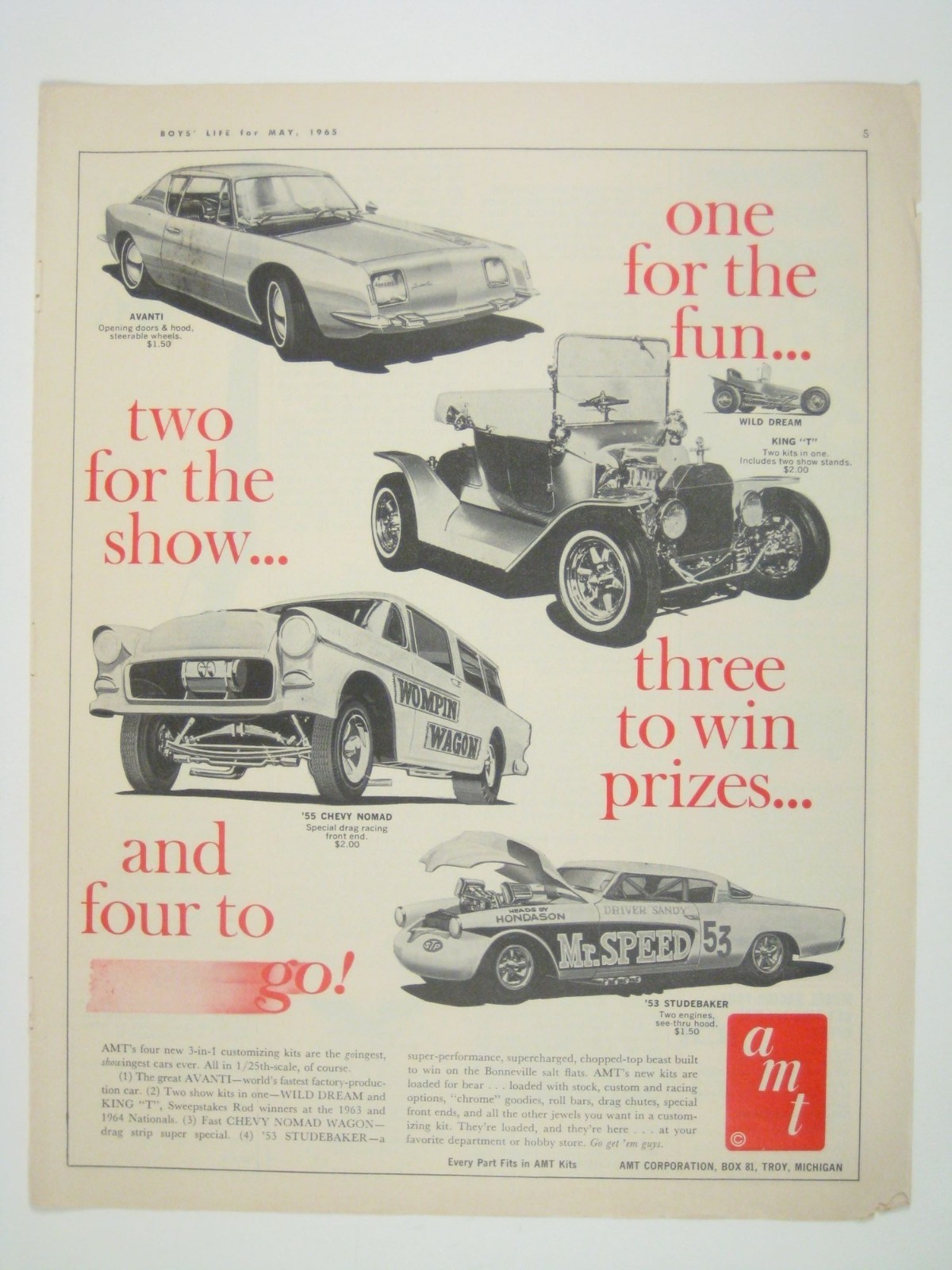 Vintage 1965 AMT Print Ad Avanti Wild Dream 55 Chevy Nomad Studebaker Models MCM