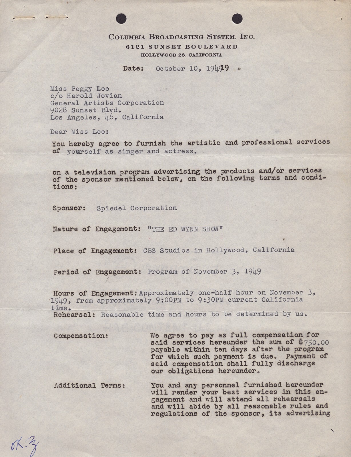 PEGGY LEE - CONTRACT SIGNED 10/10/1949