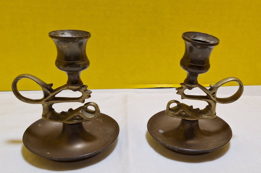 VTG Pair Dragon Devil Koi Fish Bronze Brass Chamber Candlestick Holder Finger VTG Pair Dragon Devil Koi Fish Bronze Brass Chamber Candlestick Holder Finger