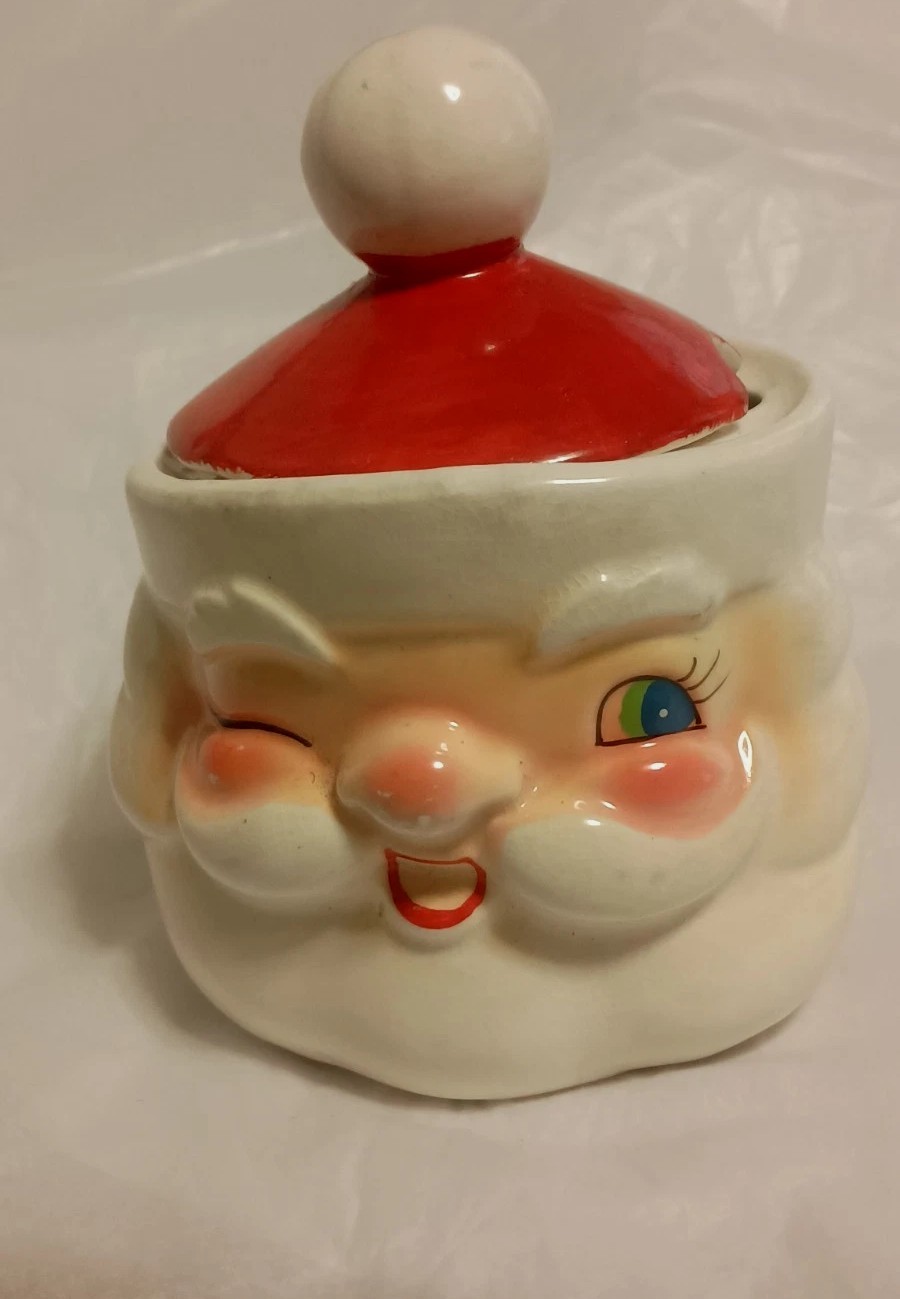 Vintage  1960 Holt Howard Xmas Santa Winking Sugar Bowl With Spoon Cutout