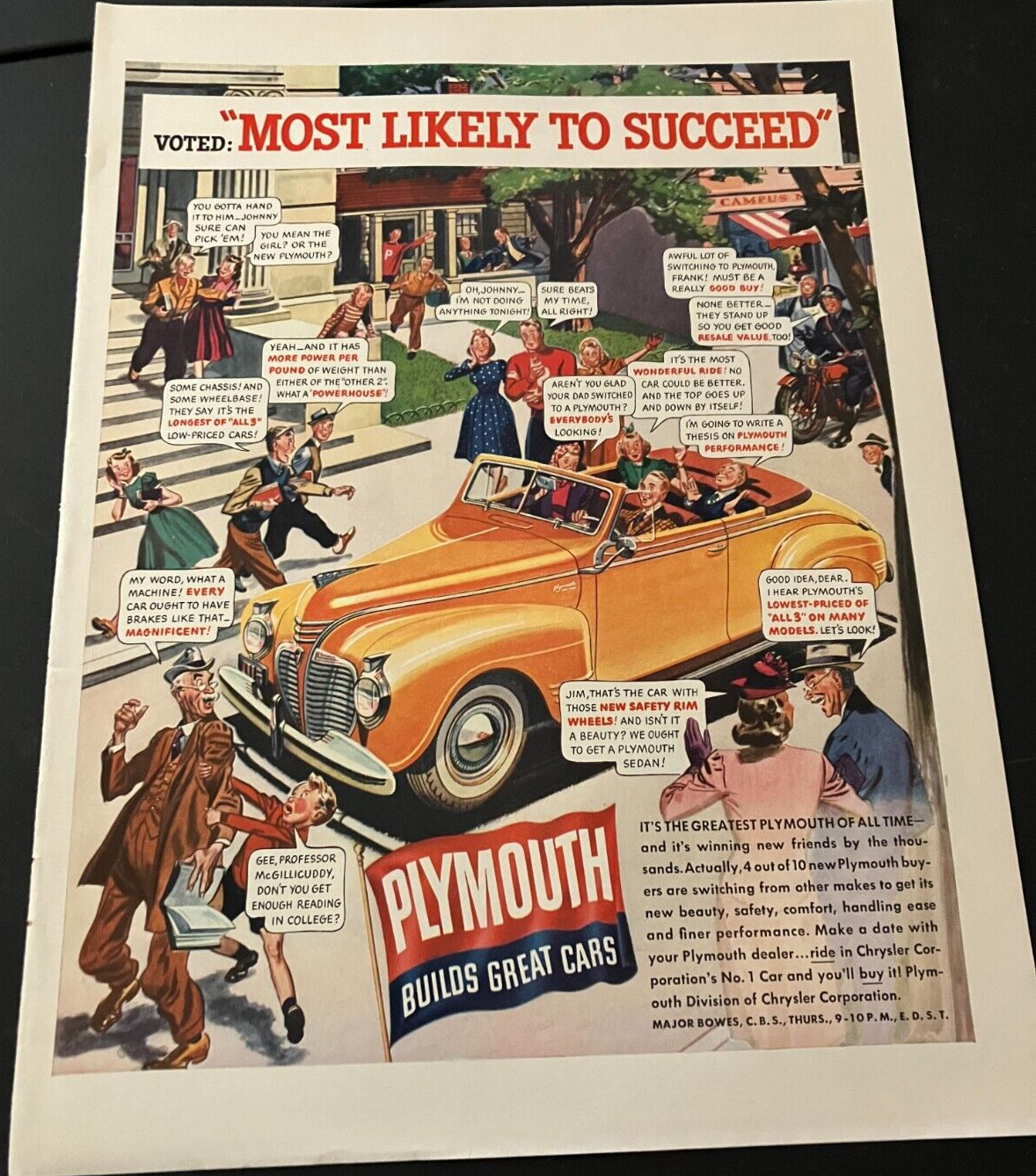 1940s Plymouth Convertible - Vintage Original Comic-Style Print Ad / Wall Art