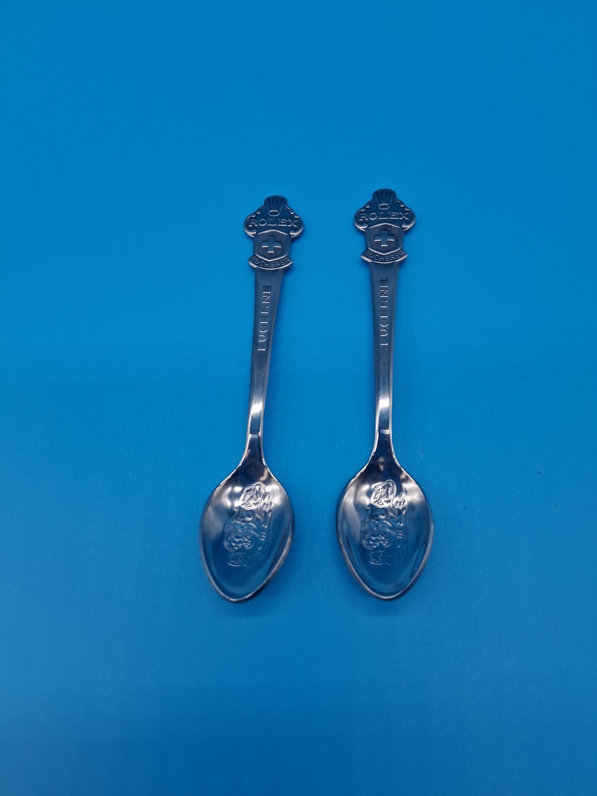 Pair Vintage Rolex Bucherer Souvenir Spoons Lucerne Geneve Silver-Plate Lot of 2
