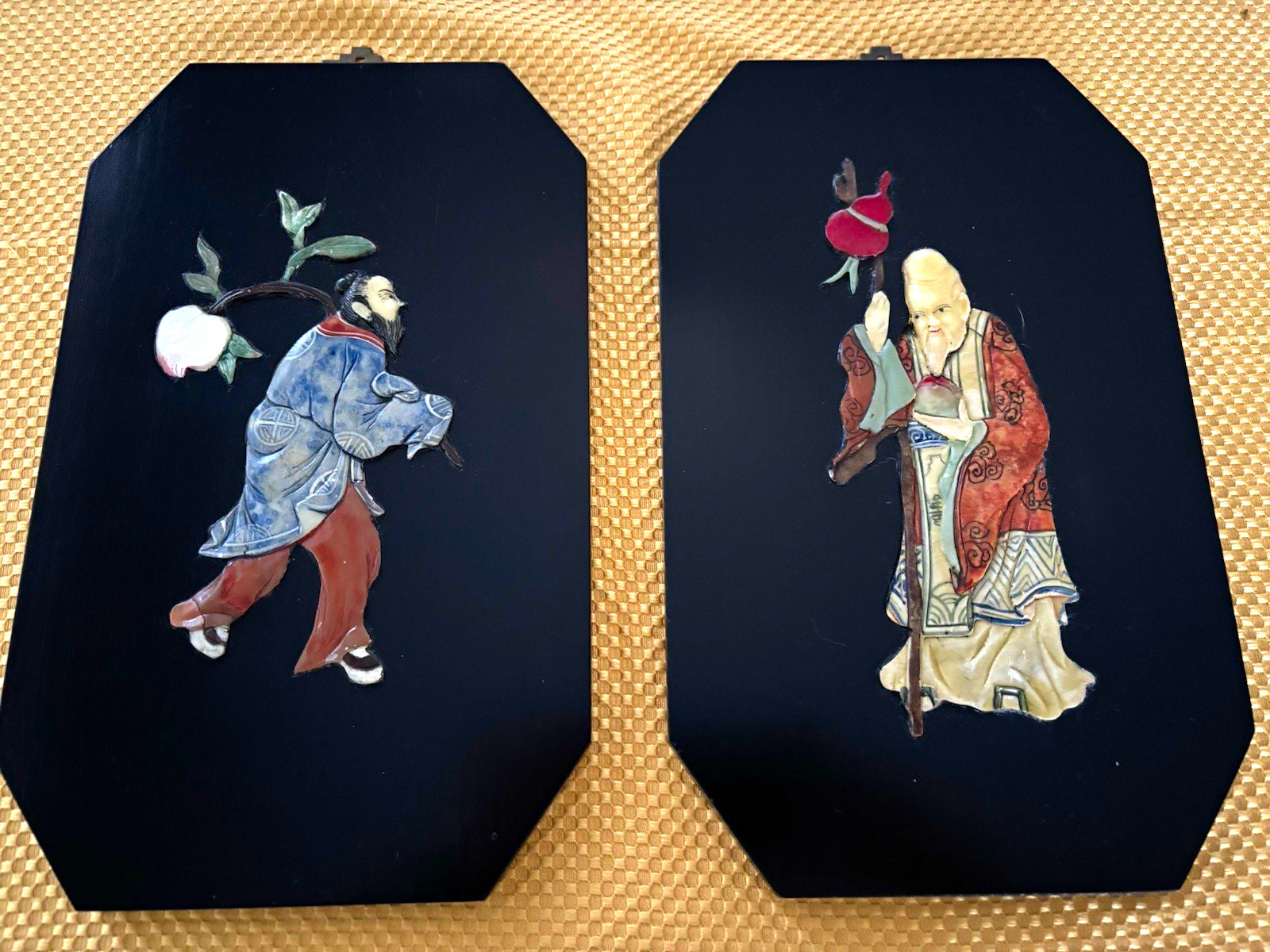 Vintage Chinese Pair Inlay Art Plaques Wall Panels w/ Hangers Vintage Chinese Pair Inlay Art Plaques Wall Panels w/ Hangers