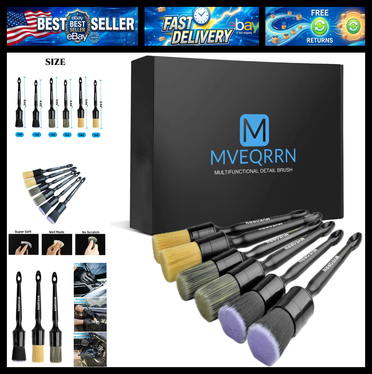 6pcs Car Detailing Brush Set-2pcs Boars Hair Car Detailing Brushes,2pcs Ultra So