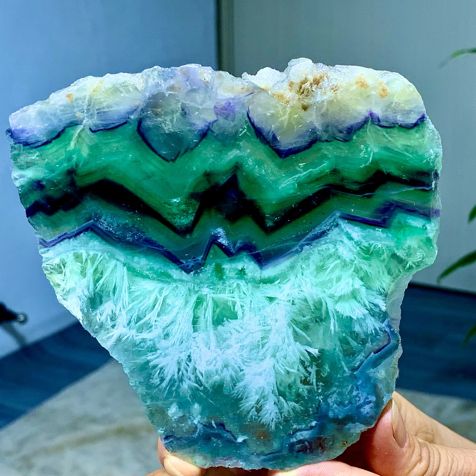 375G Natural rainbow feather fluorite slab crystal mineral slice sample healing