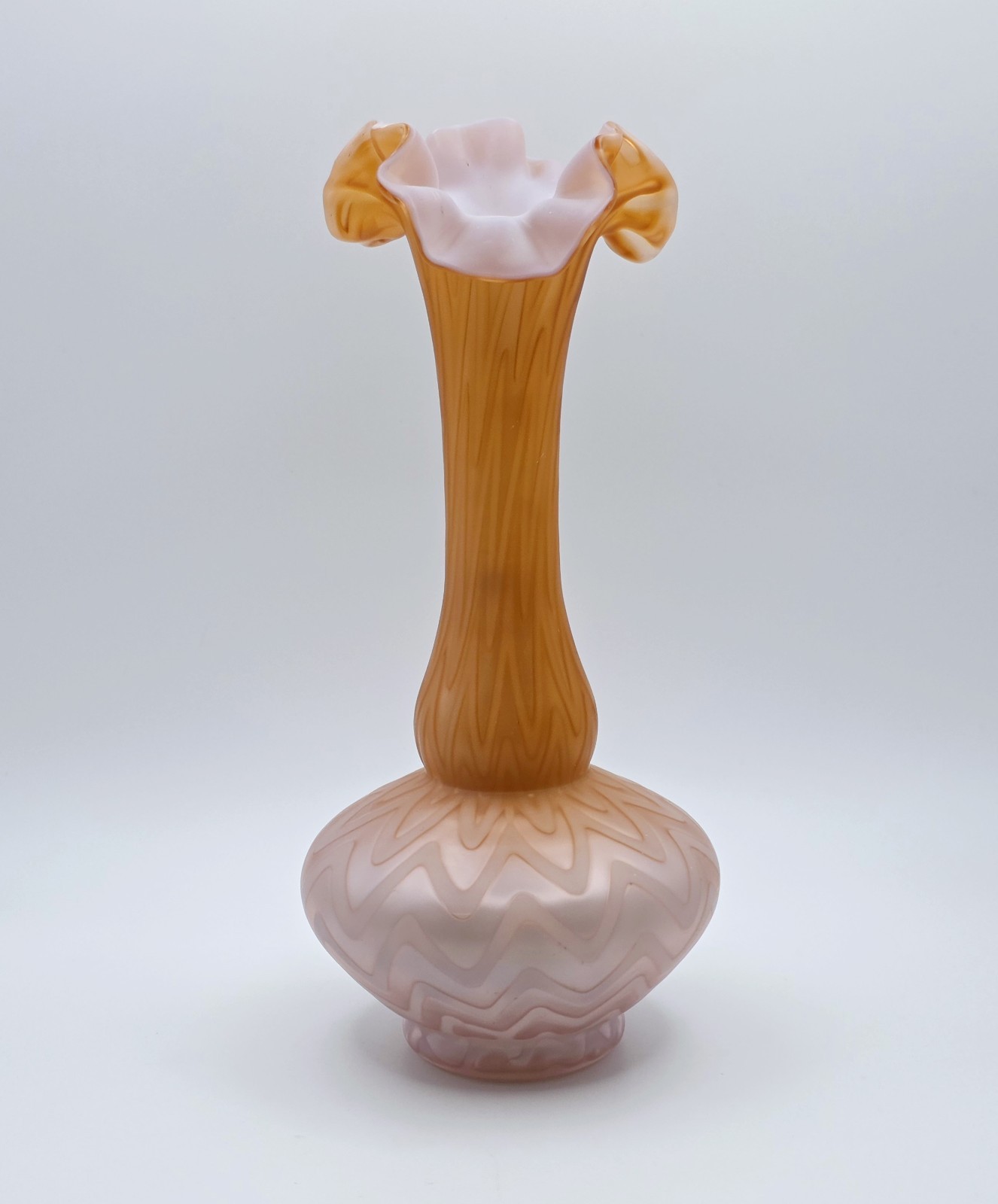 Antique Victorian Pink Satin Glass Vase Mother of Pearl Air Trap Herringbone 7\