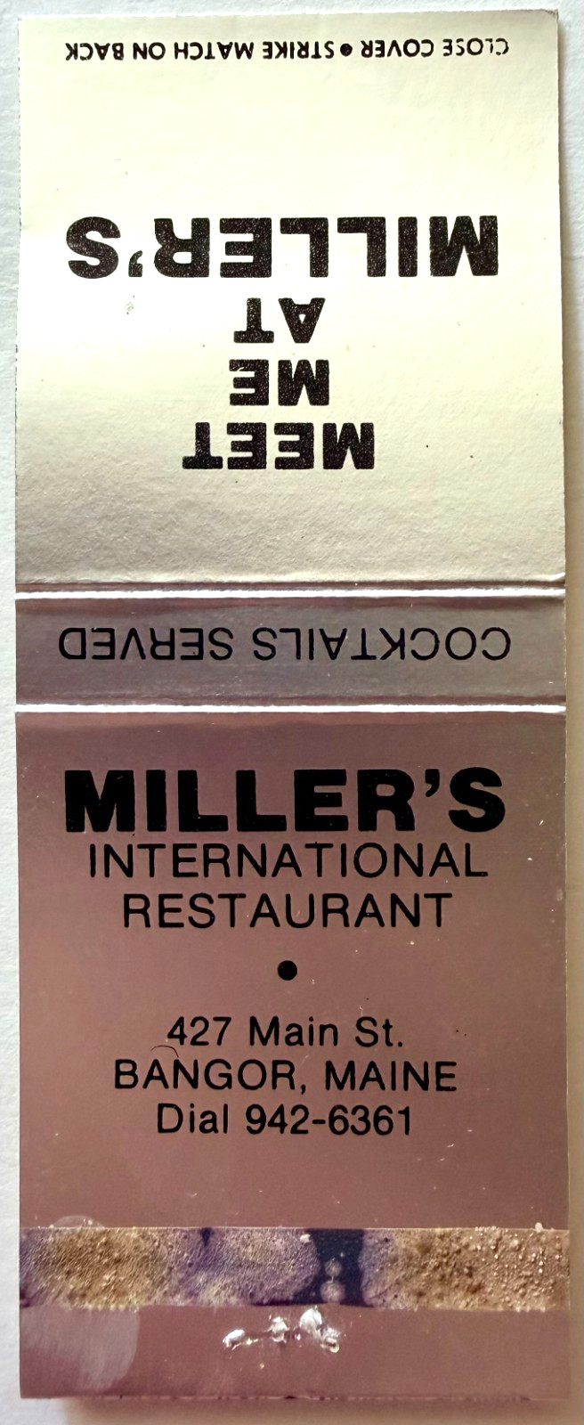 1960s Miller\'s International Matchbook Cover Bangor Maine Restaurant Cocktails
