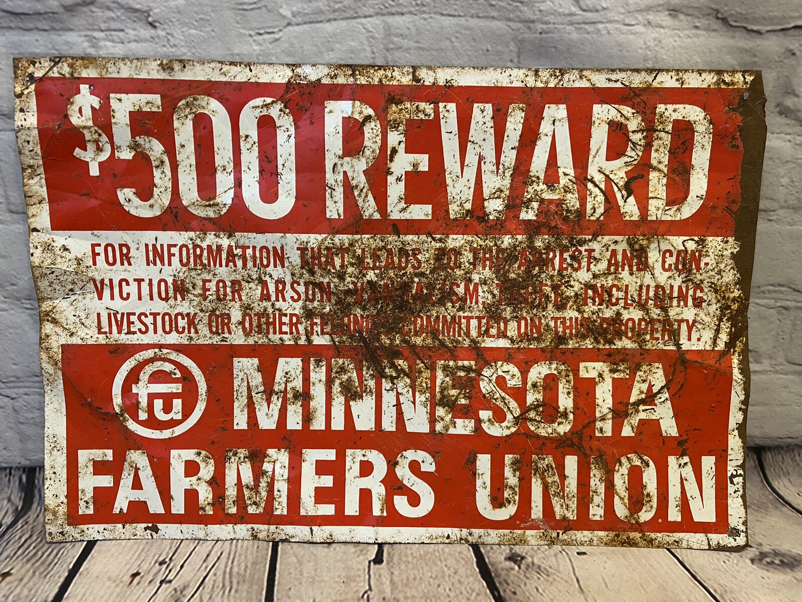 Vintage Minnesota Farmers Union Sign $500 Reward Sign Metal 18