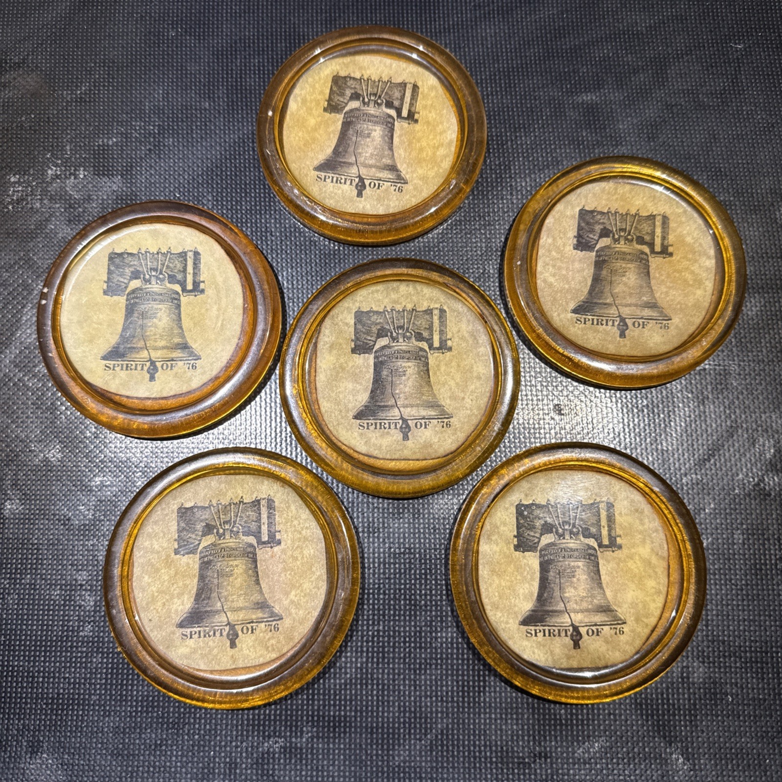 Set Of 6 Vintage Liberty Bell Round Coasters Amber Plastic And Cork Set Of 6 Vintage Liberty Bell Round Coasters Amber Plastic And Cork