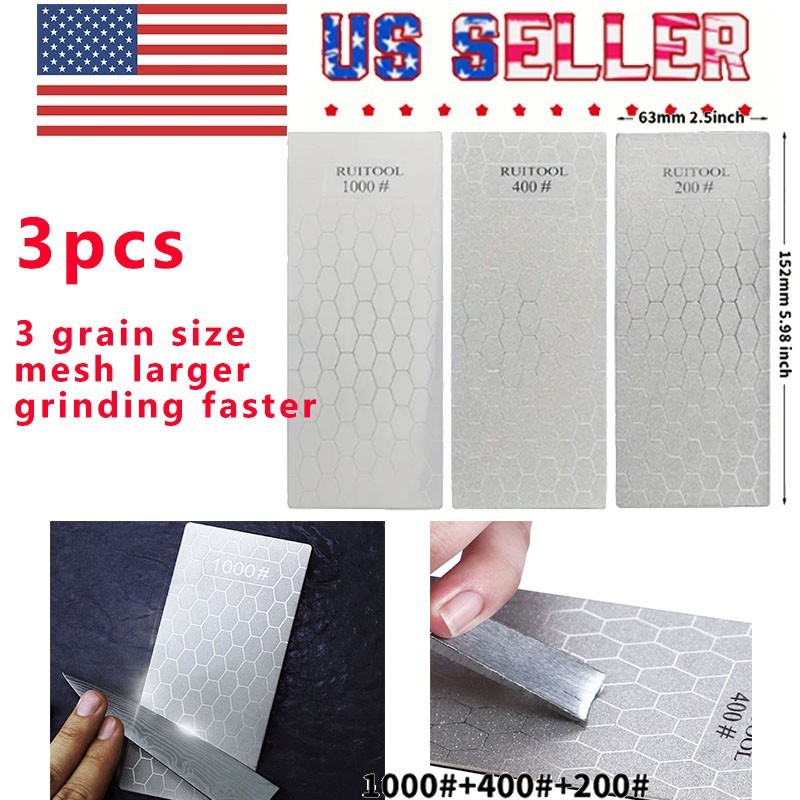 3PCS Diamond Knife Sharpening Plate Honing Bench Stone Kit Lot 200 400 1000 Grit