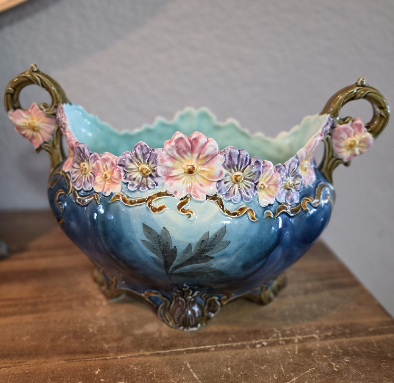 Antique 1890-1900 Art Nouveau Majolica Floral Jardiniere, Marked
