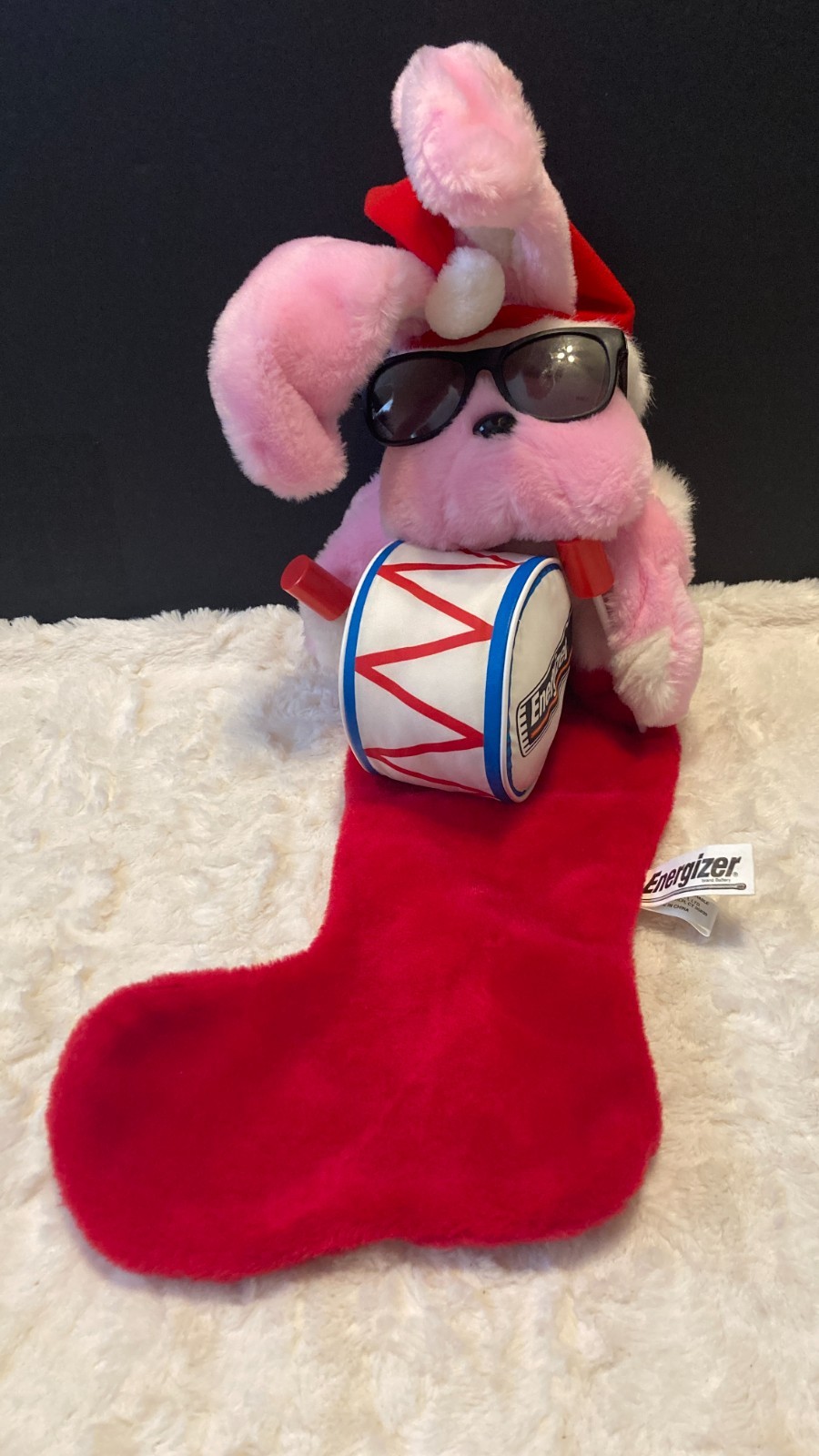 VTG 1993 Energizer Bunny Christmas Stocking Plush W/ Drum Sunglasses Santa Hat VTG 1993 Energizer Bunny Christmas Stocking Plush W/ Drum Sunglasses Santa Hat