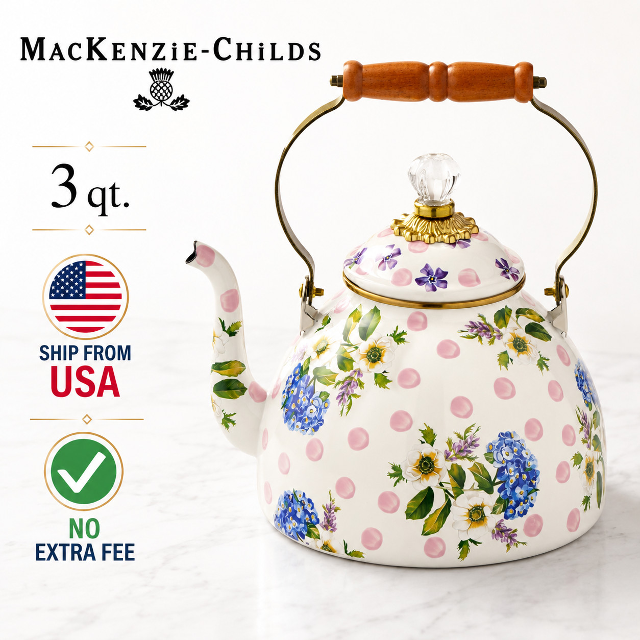 MacKenzie-Childs Wildflowers Tea Kettle 3QT. Pink NEW