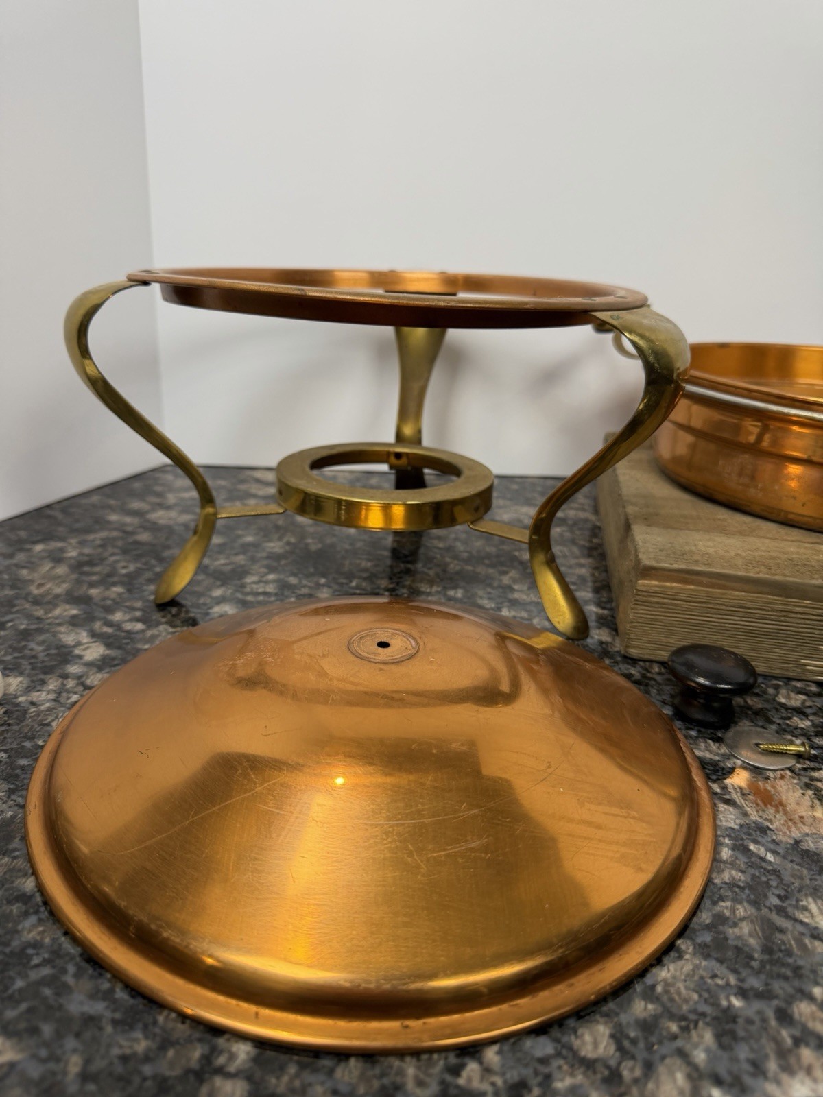 Vintage Mid Century Copper Chafing Dish Set Stand Lid Pan - FOR PARTS ONLY