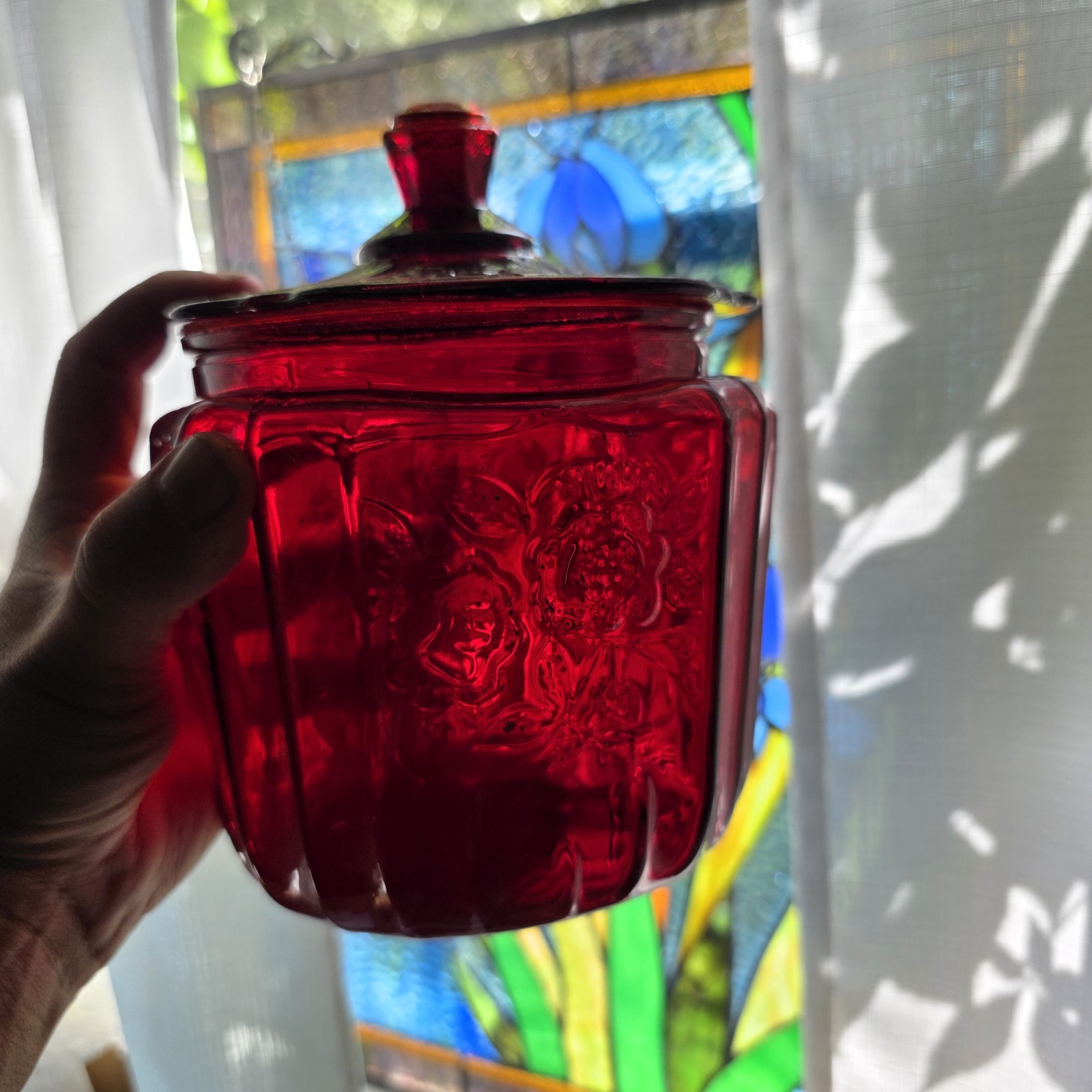 Ruby Red Glass Mayfair Open Rose Cookie Biscuit Jar with Lid Floral