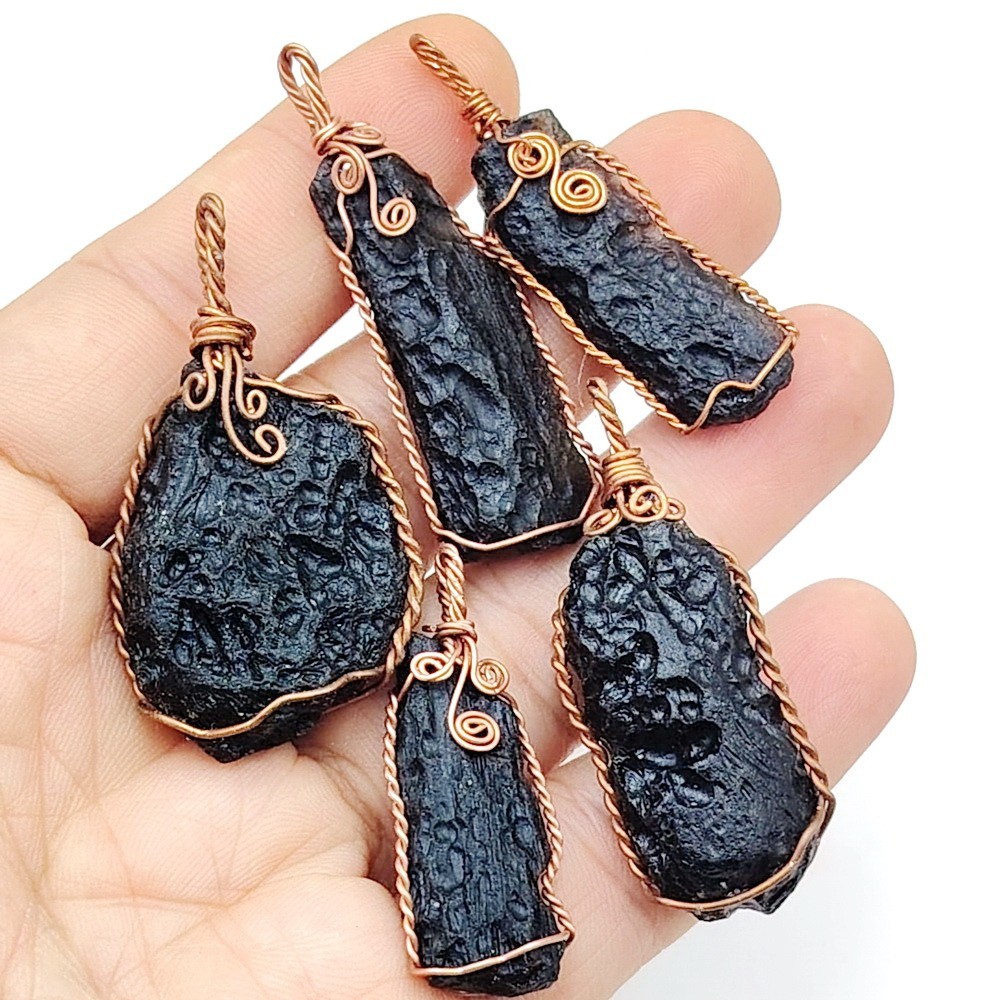 5pc Raw Indochinite Tektite Pendant Lot 45.3g Copper Wire Wrapped Necklaces Thai 5pc Raw Indochinite Tektite Pendant Lot 45.3g Copper Wire Wrapped Necklaces Thai