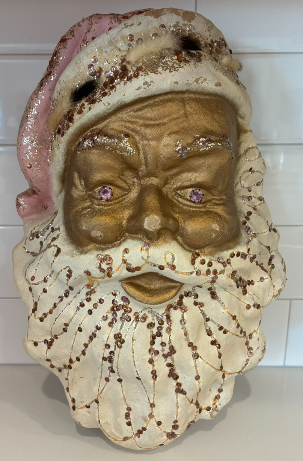 RARE VTG SANTA HEAD PAPIER MACHE COMP PULP BEISTLE STYLE POST WAR USA-17-1/2X11\