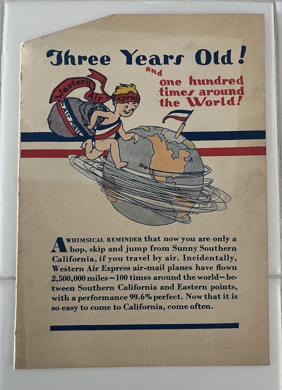 Rare Vintage 3 Years Old Western Air Express Third Anniversary Cartograph, 1929