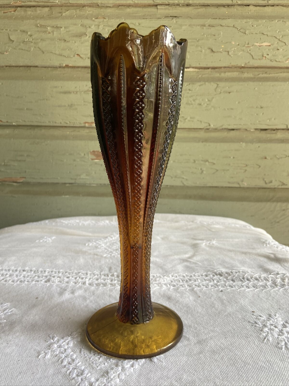 Tiara Indiana Glass Vase Vintage Zipper Style Dark Amber - Burnt Honey Brown 8”