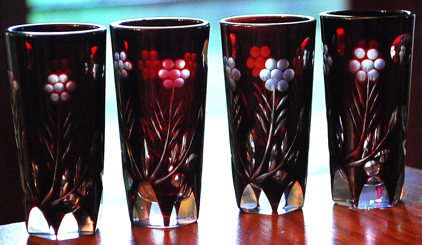 Vtg Set 4 RUBY RED CUT TO CLEAR Tall Shot Glasses FLOWERS & DOTS 2.75\