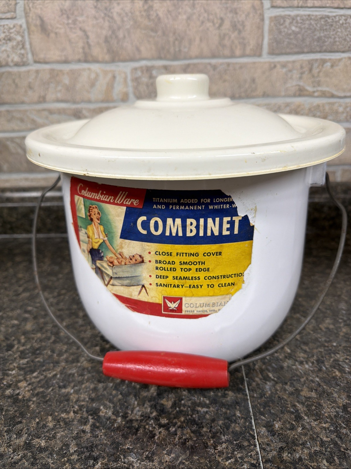 Vintage Columbian Enamelware Bucket 8” White Red Rim Steel Chamber Pot USA