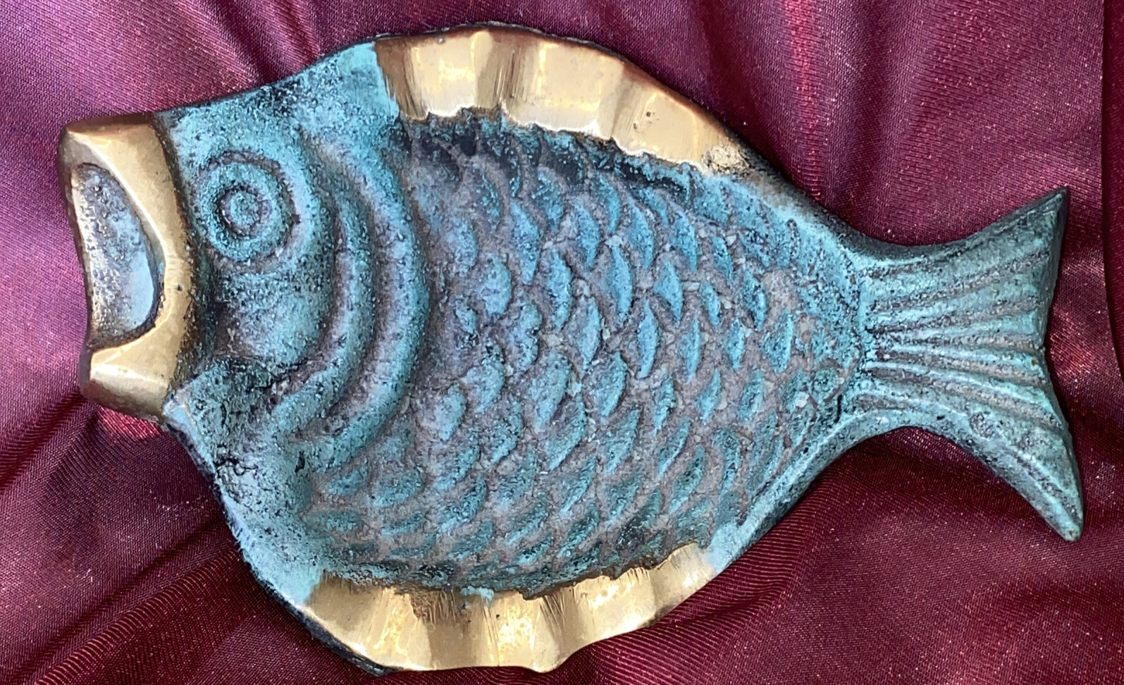 Vintage Footed Brass Ashtray Verdigris Green Brass Fish Ashtray Trinket Dish MCM