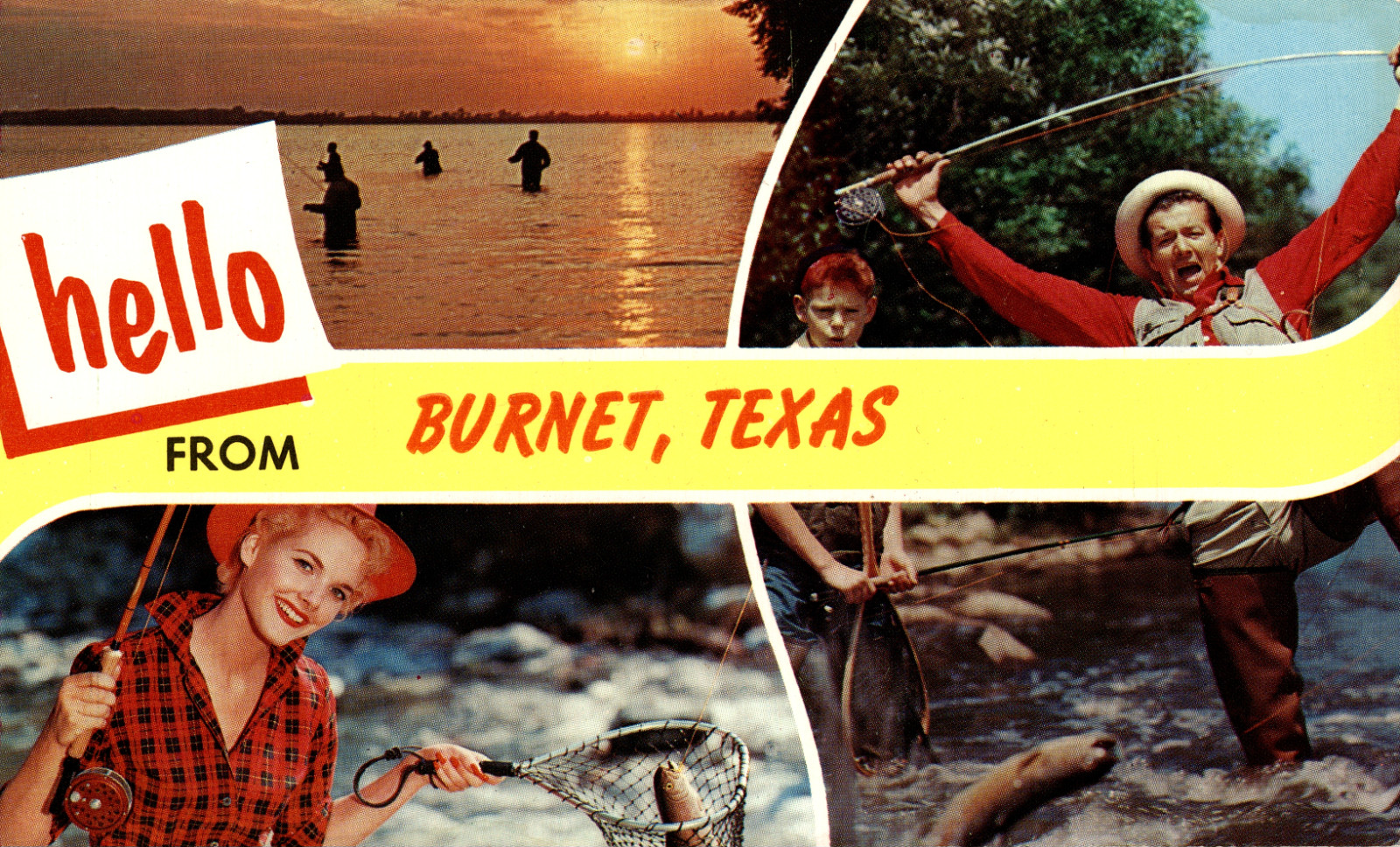 c.1960s Hello from Burnet Texas Postcard Dexter Press Chrome Fishing Unused