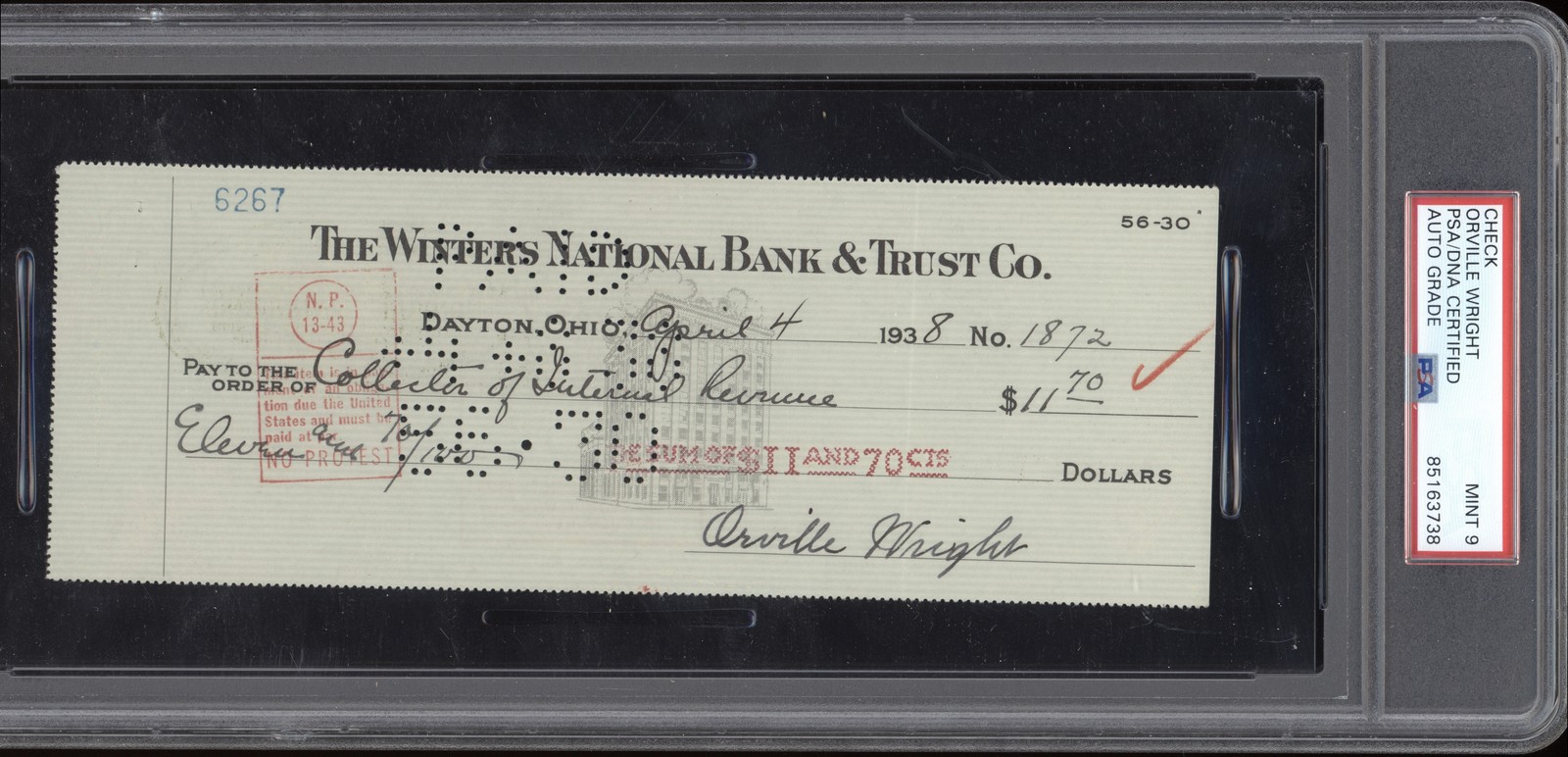 Orville Wright Signed Check 1938 Winters National Bank PSA/DNA Certified MINT 9